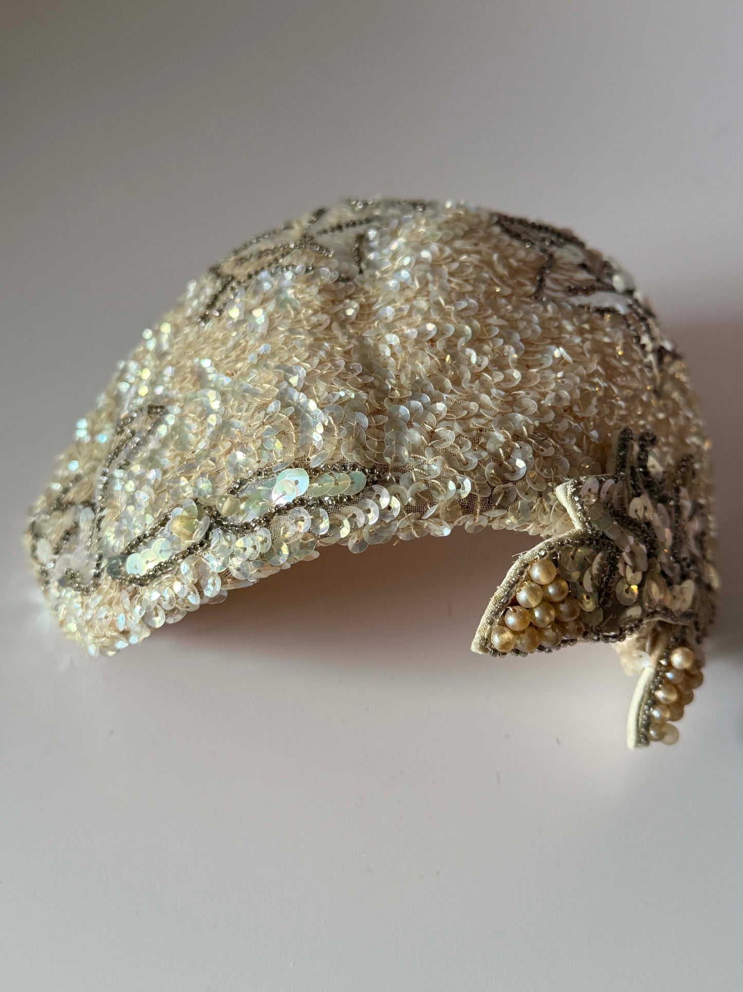 Vintage Ivory Sequin Half Hat | 1950s Beaded Cocktail Hat | Bridal Evening Hat | Floral Sequin Millinery