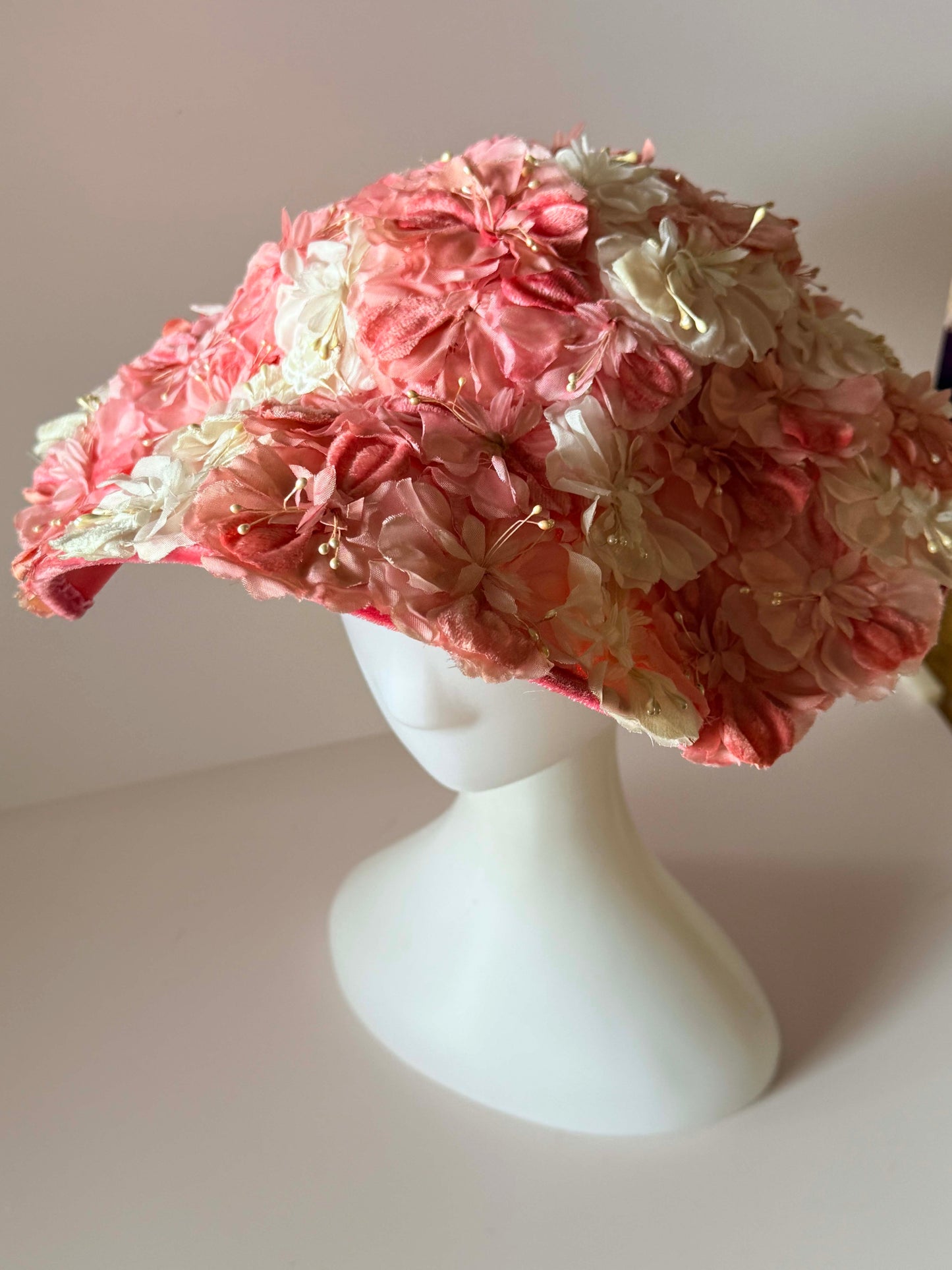 Vintage Pink Floral Picture Hat | 1950s Wide Brim Floral Hat | Romantic Garden Party Hat | Kentucky Derby Hat | Wedding Occasion Hat