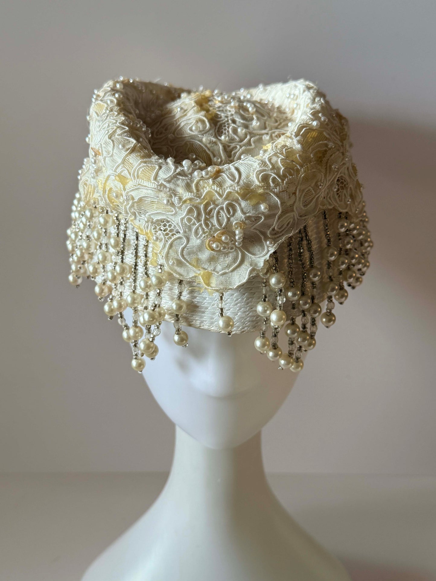 Vintage 1950s Ivory Bridal Hat with Pearl Fringe | Beaded Lace Juliet Cap | Wedding Crown | Mid Century Cocktail Hat