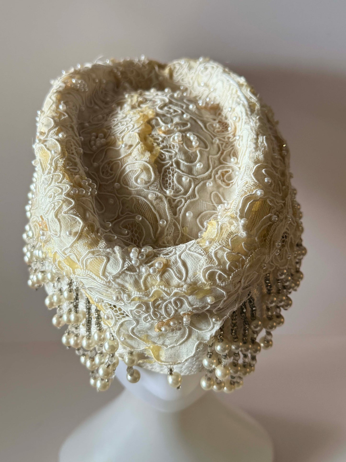 Vintage 1950s Ivory Bridal Hat with Pearl Fringe | Beaded Lace Juliet Cap | Wedding Crown | Mid Century Cocktail Hat