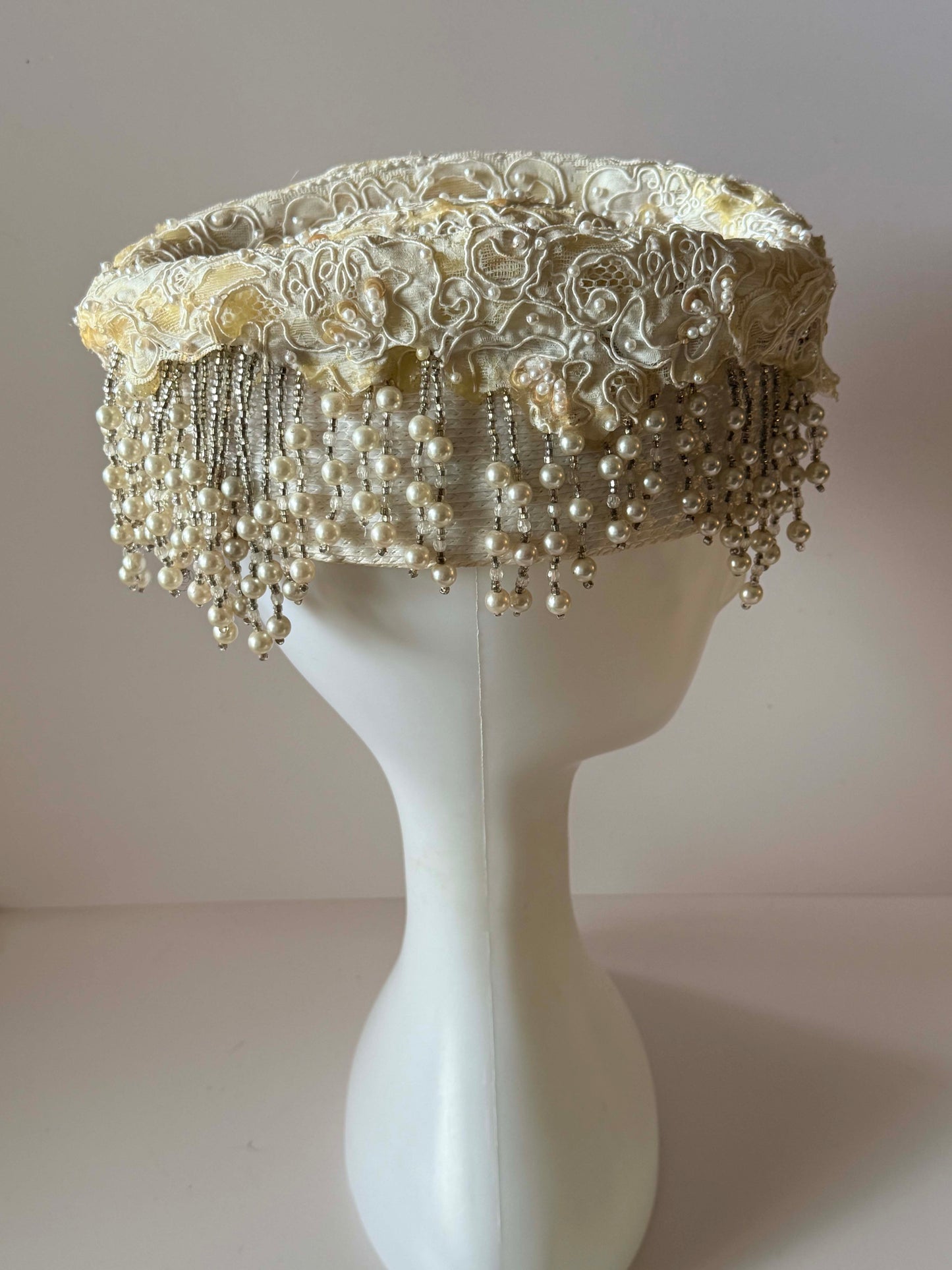 Vintage 1950s Ivory Bridal Hat with Pearl Fringe | Beaded Lace Juliet Cap | Wedding Crown | Mid Century Cocktail Hat