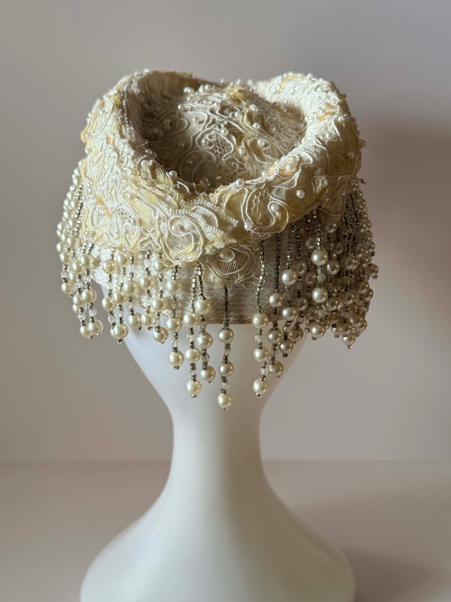 Vintage 1950s Ivory Bridal Hat with Pearl Fringe | Beaded Lace Juliet Cap | Wedding Crown | Mid Century Cocktail Hat