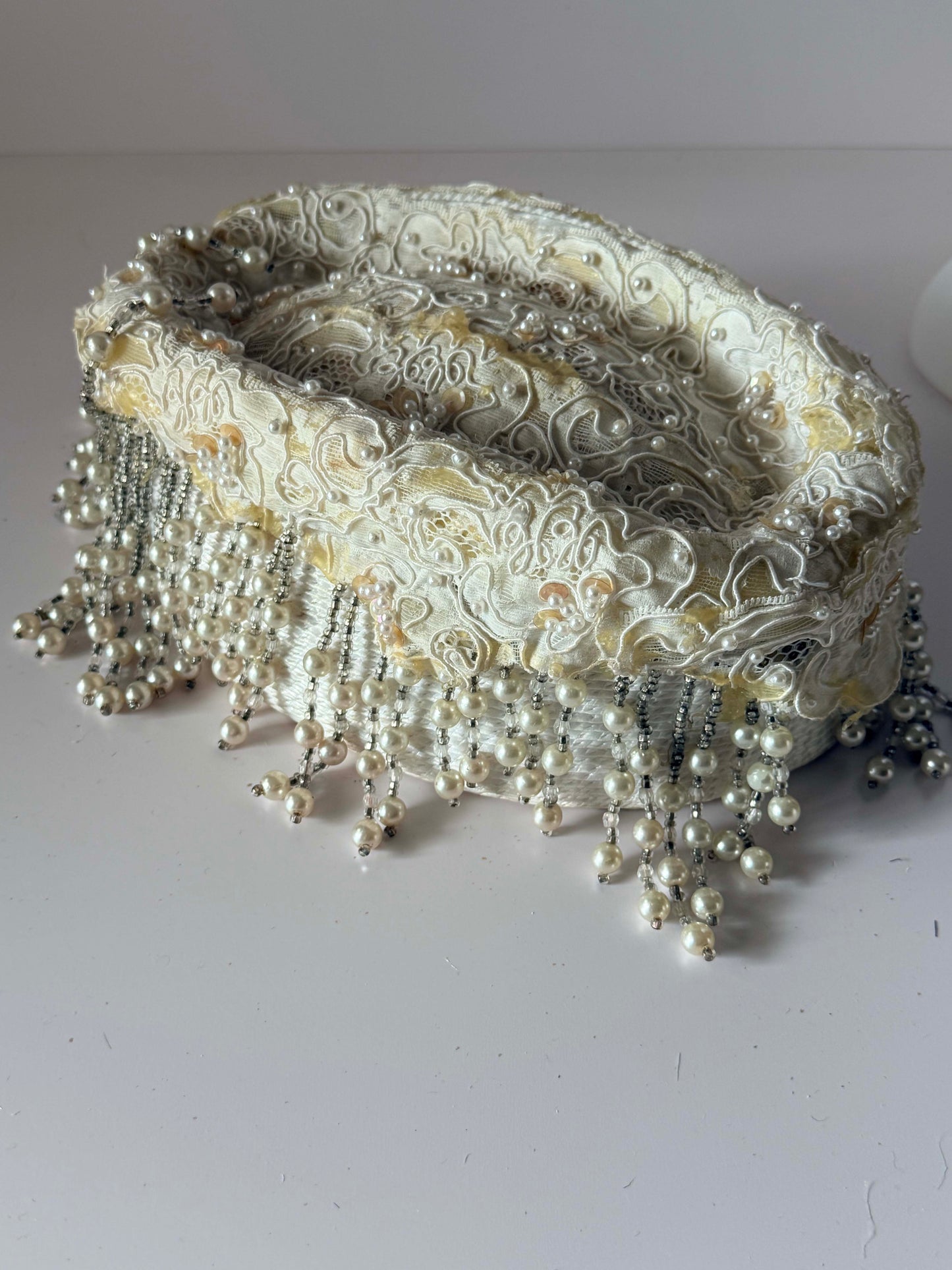 Vintage 1950s Ivory Bridal Hat with Pearl Fringe | Beaded Lace Juliet Cap | Wedding Crown | Mid Century Cocktail Hat