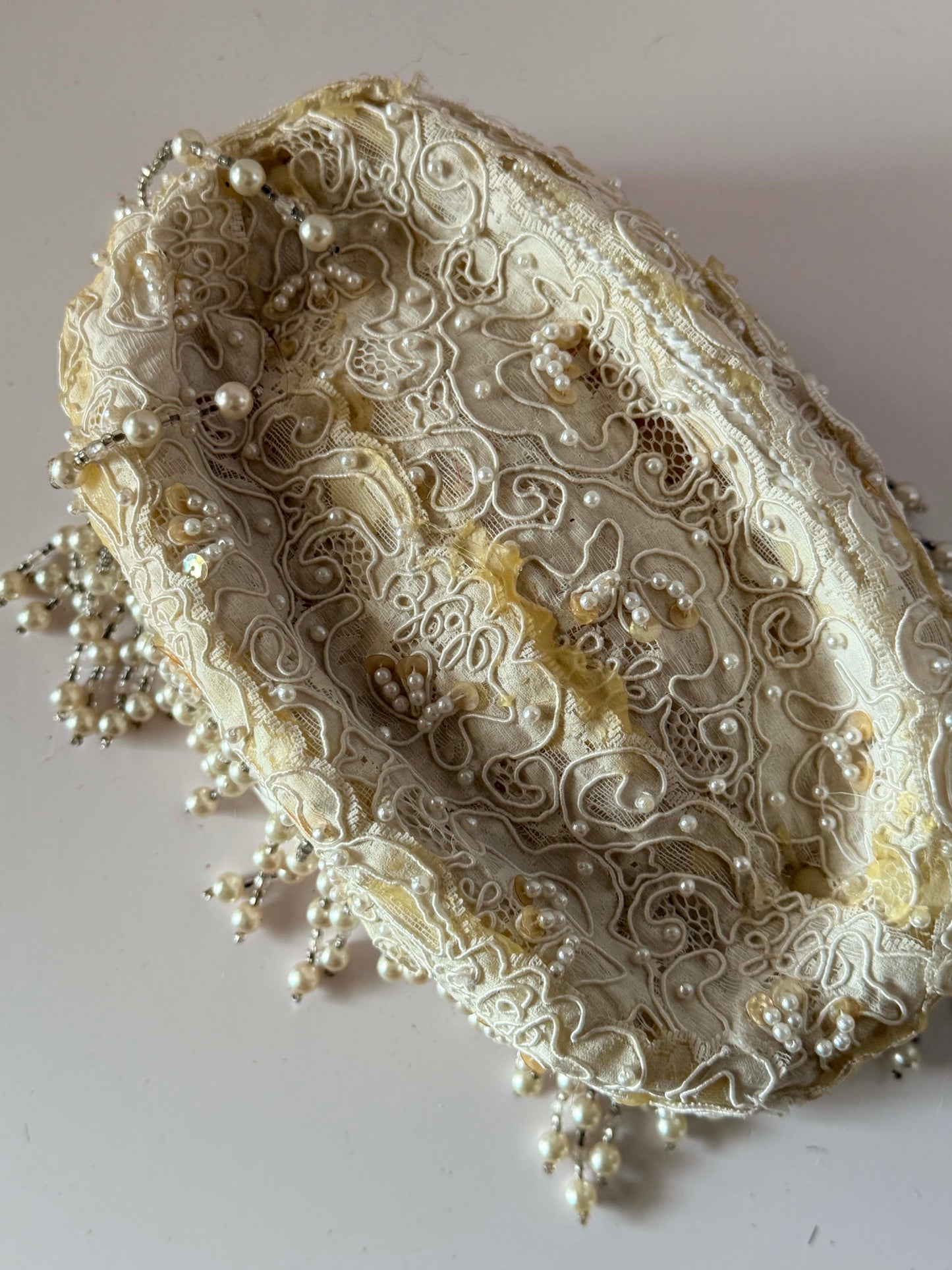 Vintage 1950s Ivory Bridal Hat with Pearl Fringe | Beaded Lace Juliet Cap | Wedding Crown | Mid Century Cocktail Hat