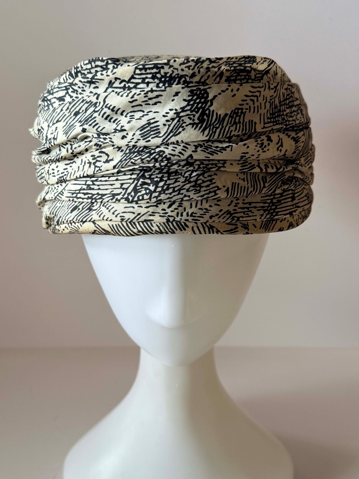 Vintage By Nita Pillbox Hat | 1950s Ruched Hat | Black Ivory Abstract Print | Mid Century Women's Hat