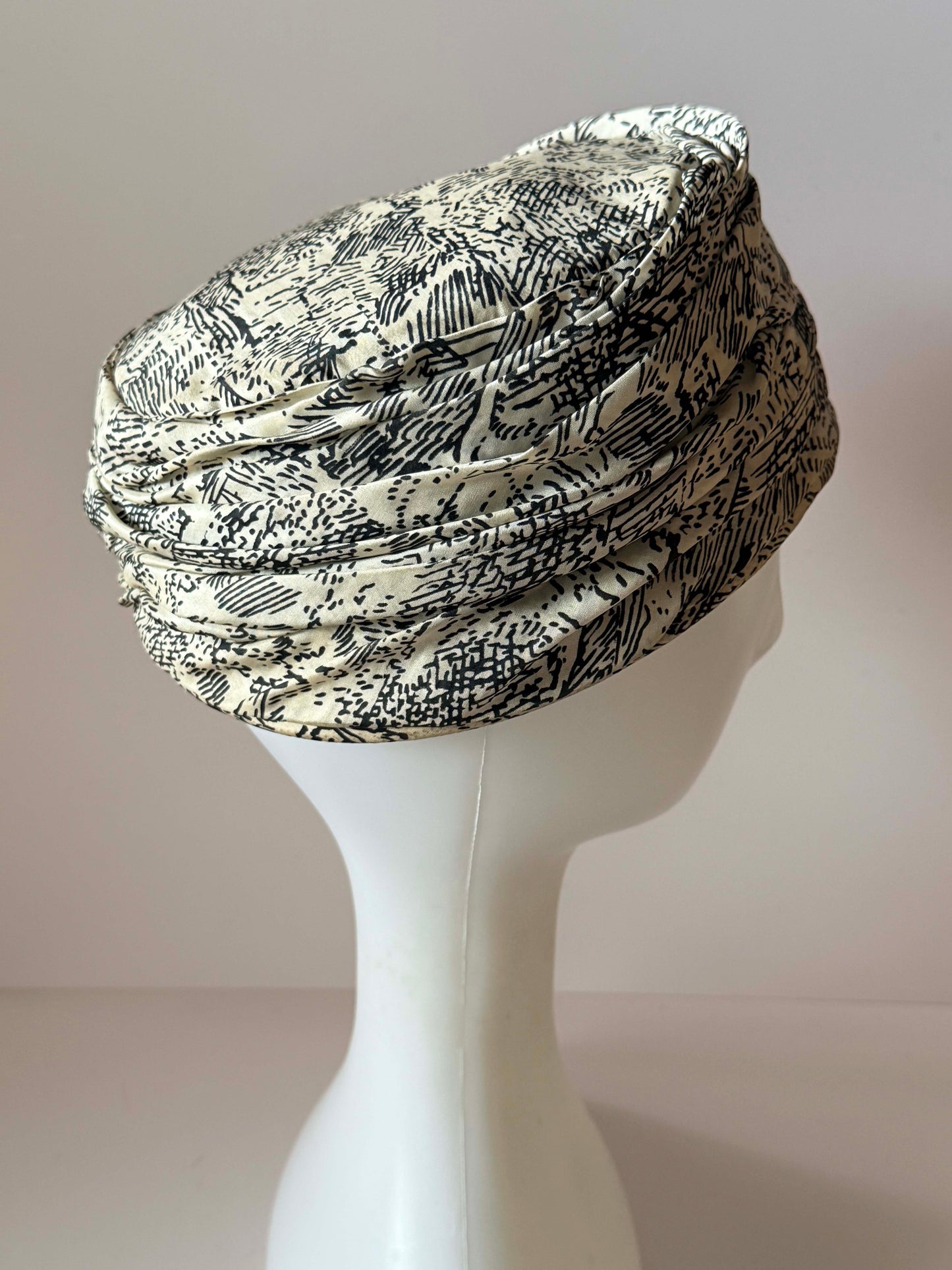 Vintage By Nita Pillbox Hat | 1950s Ruched Hat | Black Ivory Abstract Print | Mid Century Women's Hat
