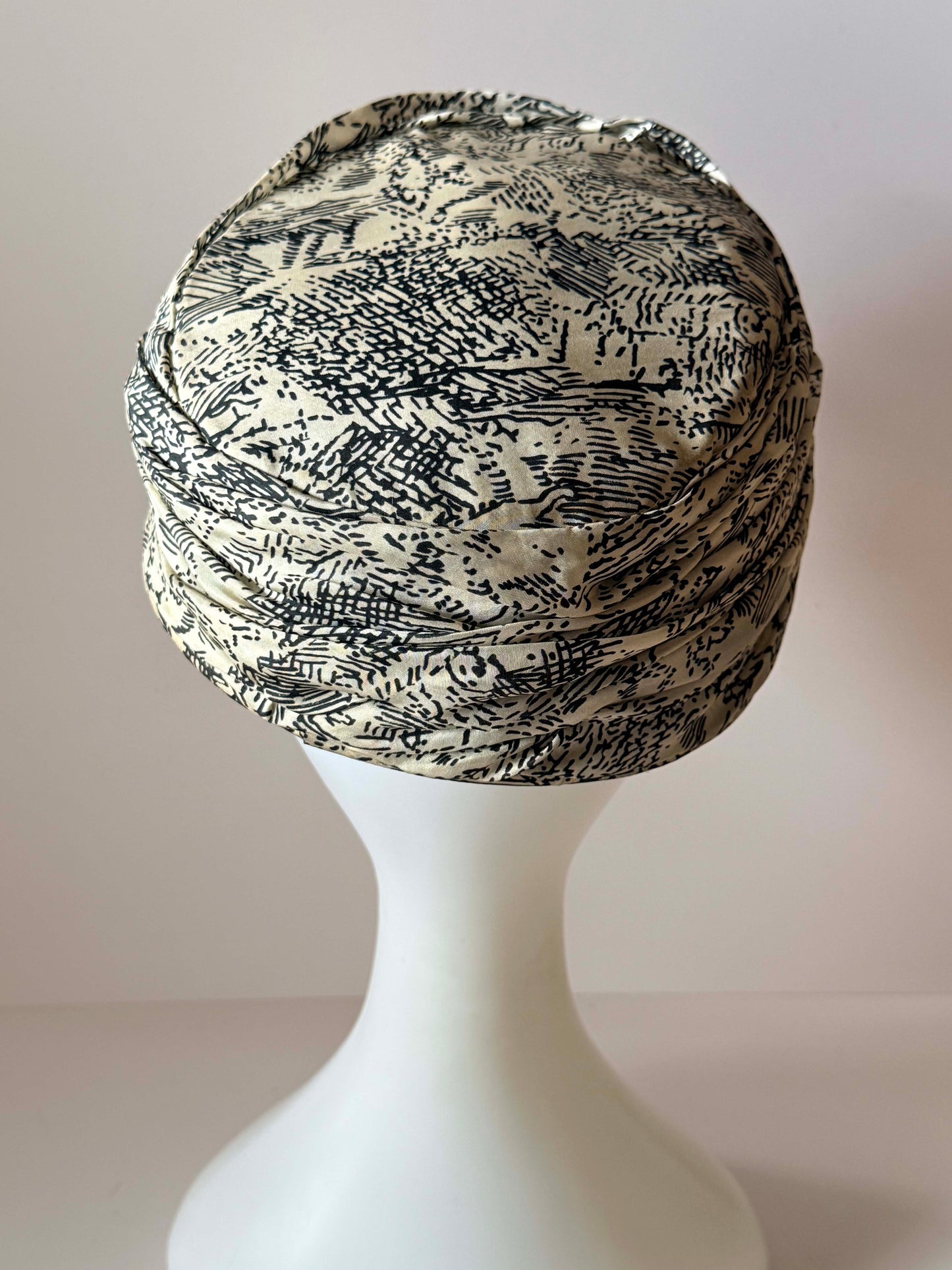 Vintage By Nita Pillbox Hat | 1950s Ruched Hat | Black Ivory Abstract Print | Mid Century Women's Hat