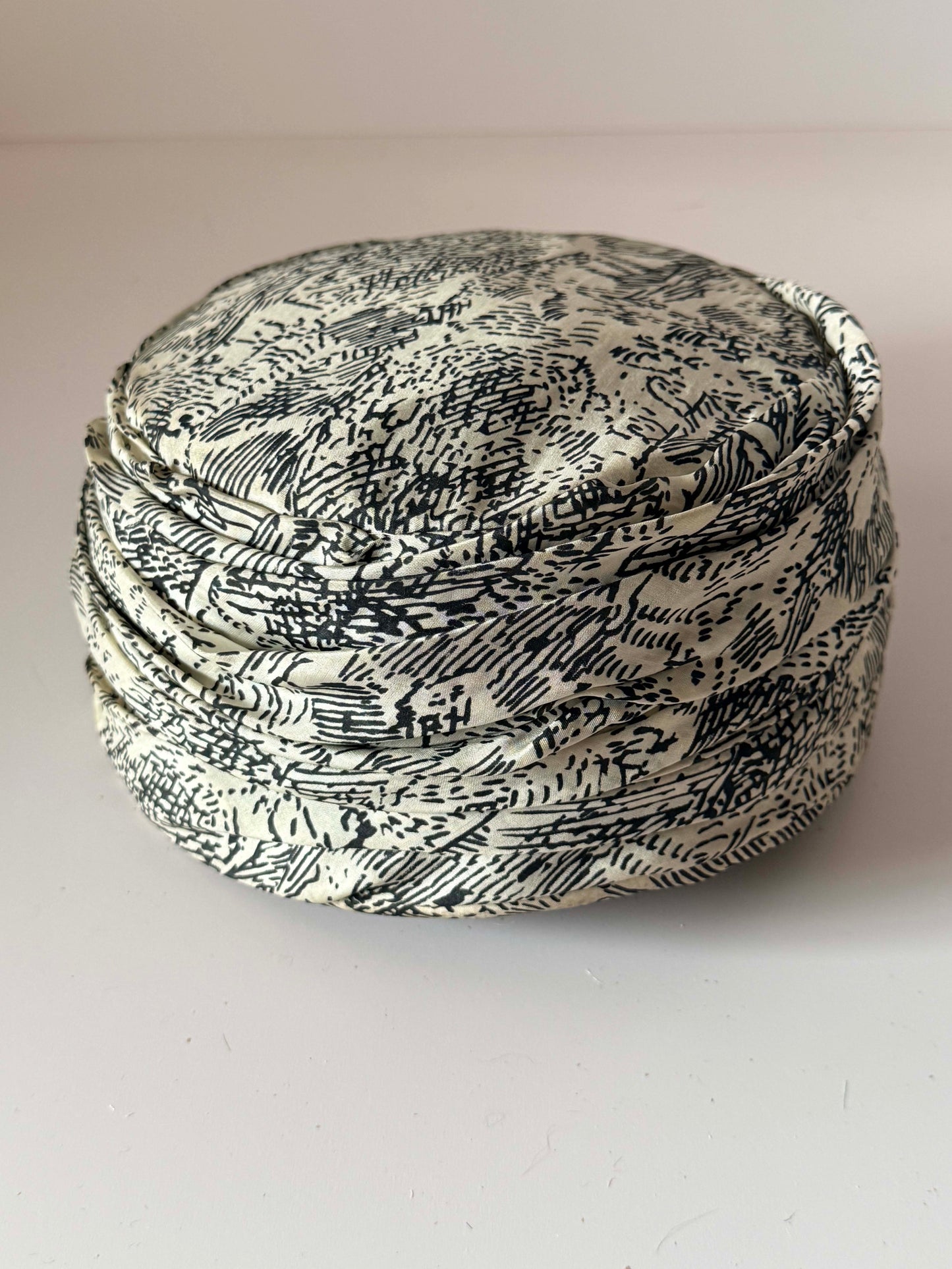 Vintage By Nita Pillbox Hat | 1950s Ruched Hat | Black Ivory Abstract Print | Mid Century Women's Hat