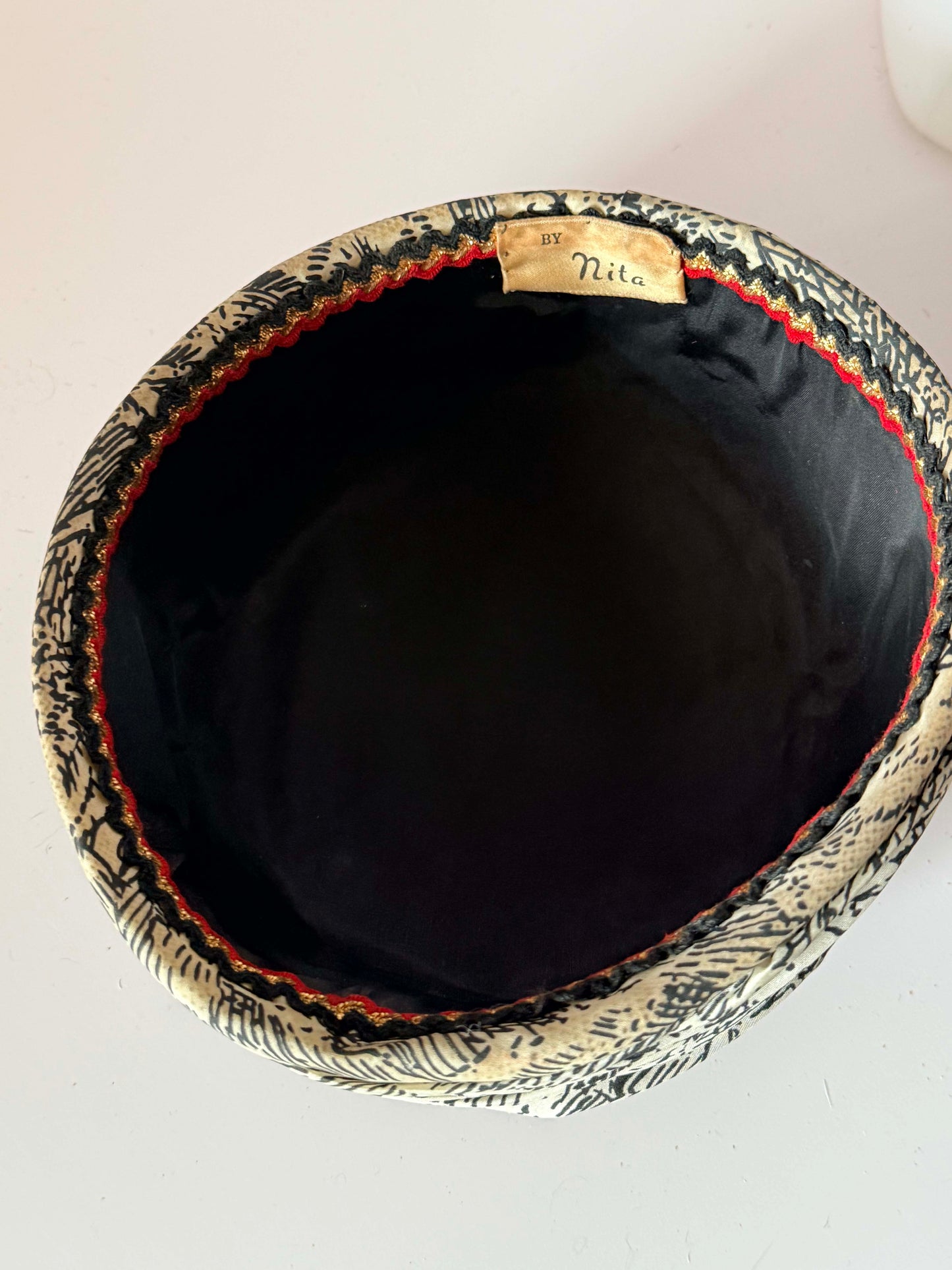 Vintage By Nita Pillbox Hat | 1950s Ruched Hat | Black Ivory Abstract Print | Mid Century Women's Hat