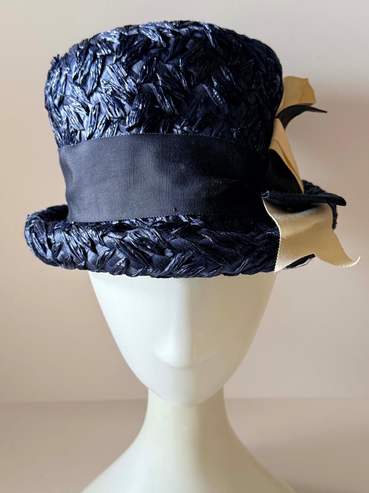 Vintage 1950s Navy Raffia Hat, Rolled Brim Summer Hat, Union Made Hat, Woven Raffia Dress Hat, Mid Century Women's Hat, Blue Straw Hat