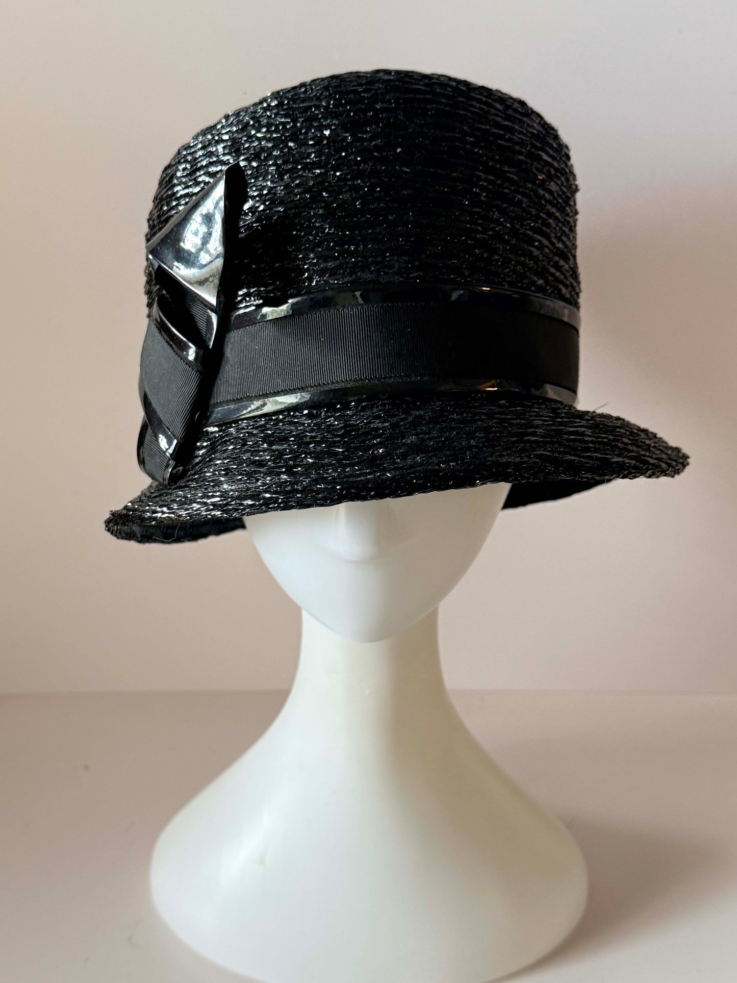 Vintage 1960s Amy New York Black Straw Bucket Hat, Designer Raffia Hat, Woven Summer Hat, Mid Century Women's Dress Hat