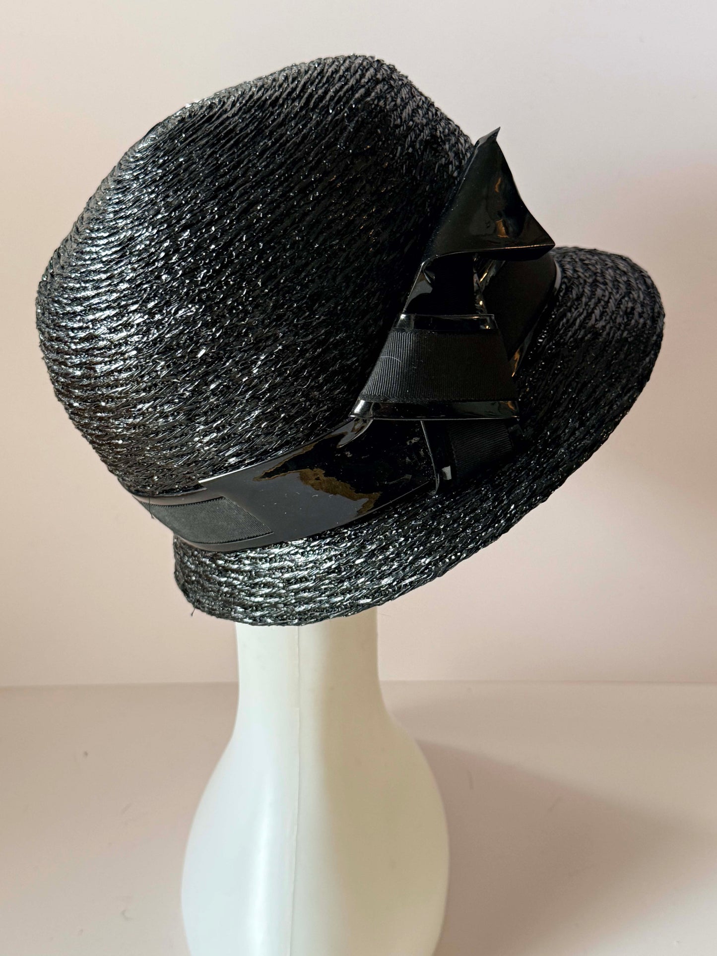 Vintage 1960s Amy New York Black Straw Bucket Hat, Designer Raffia Hat, Woven Summer Hat, Mid Century Women's Dress Hat