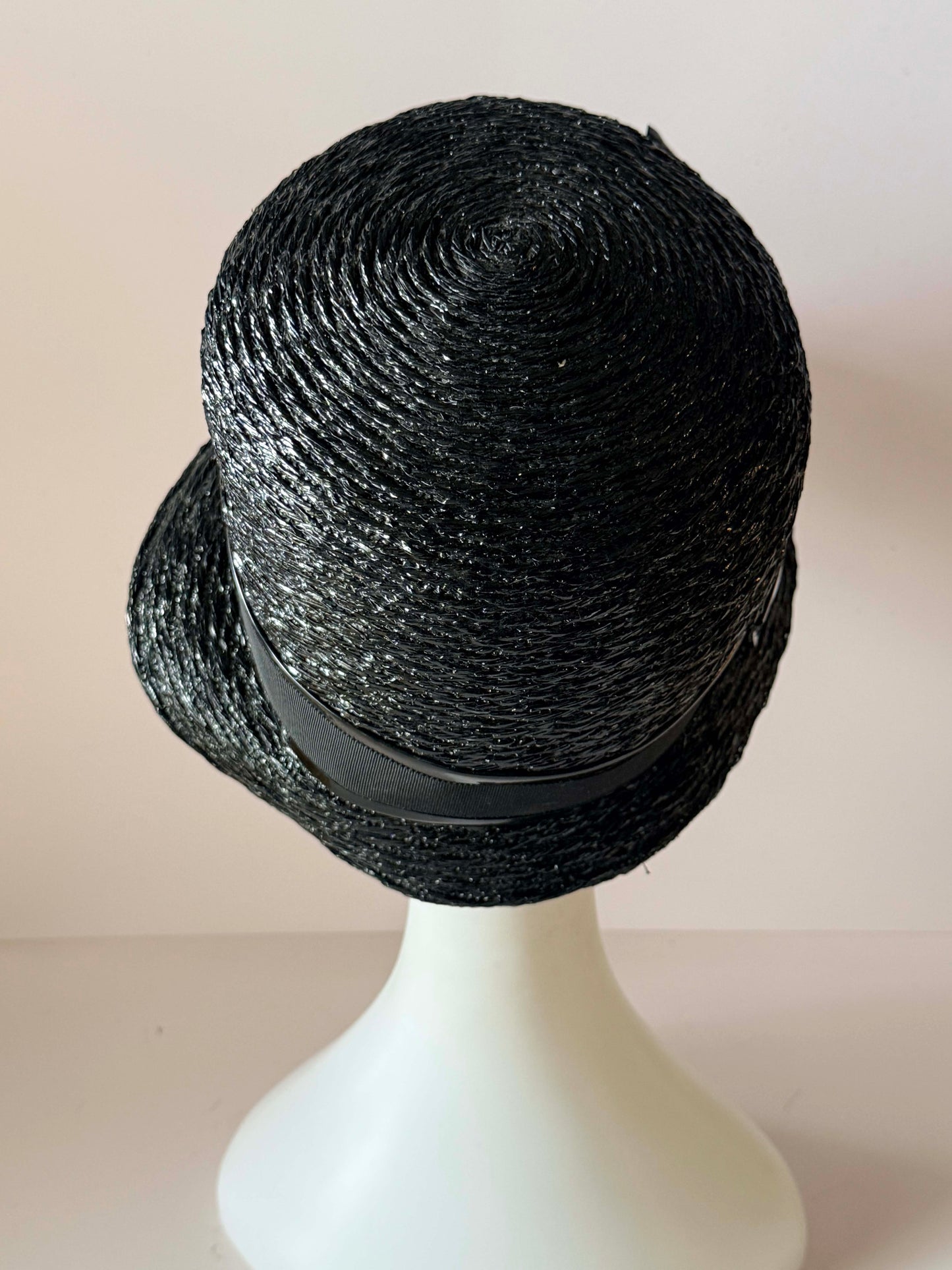 Vintage 1960s Amy New York Black Straw Bucket Hat, Designer Raffia Hat, Woven Summer Hat, Mid Century Women's Dress Hat