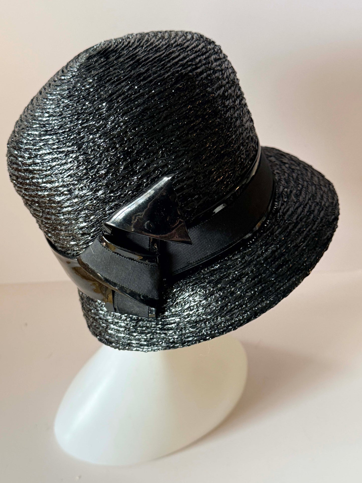 Vintage 1960s Amy New York Black Straw Bucket Hat, Designer Raffia Hat, Woven Summer Hat, Mid Century Women's Dress Hat