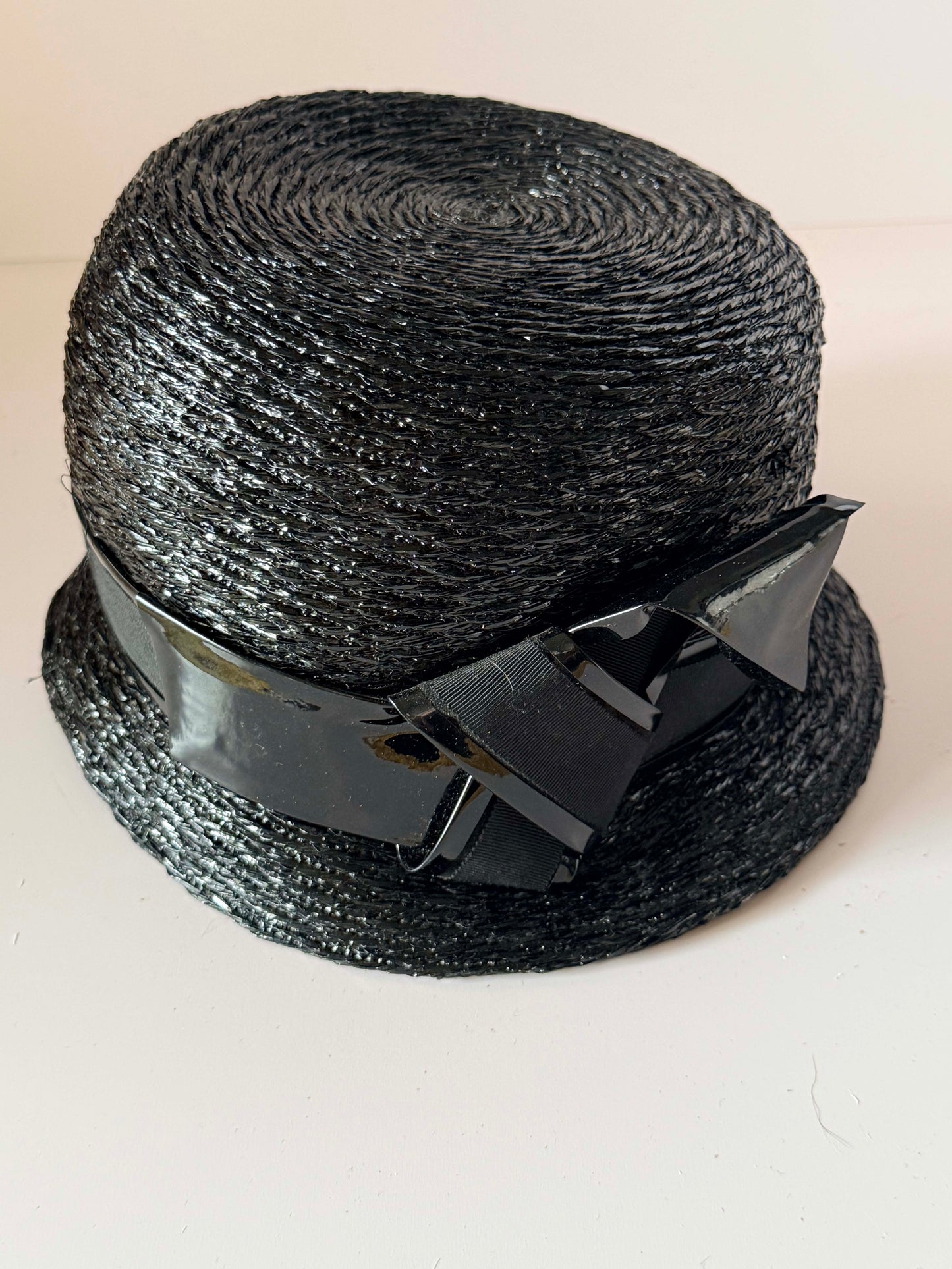 Vintage 1960s Amy New York Black Straw Bucket Hat, Designer Raffia Hat, Woven Summer Hat, Mid Century Women's Dress Hat