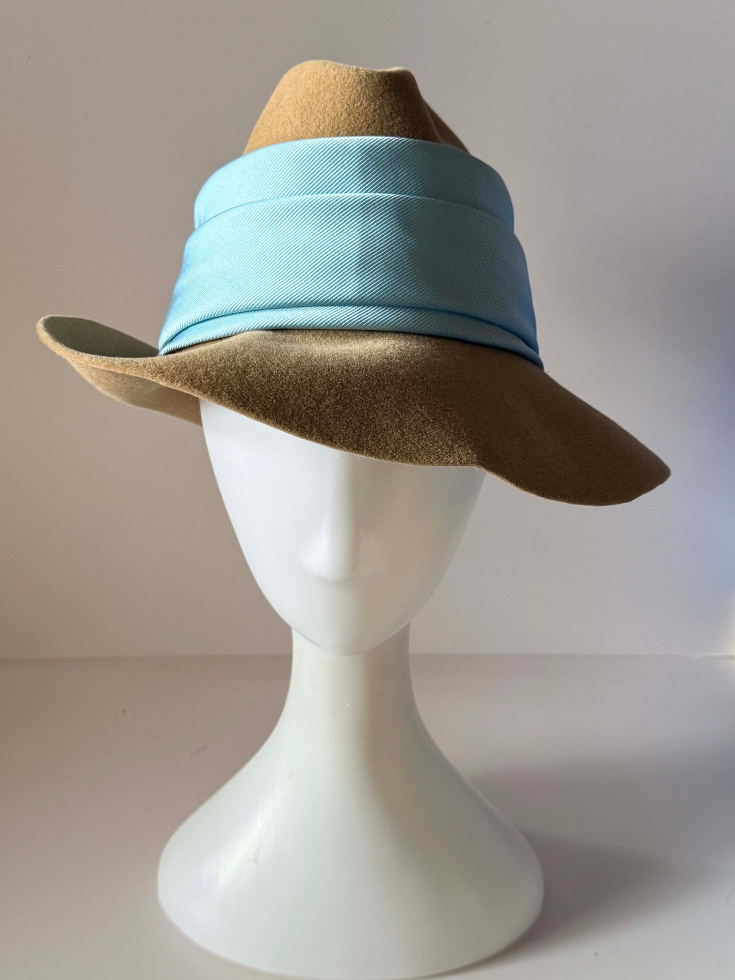 Vintage Mr. Kurt Original Camel Wool Felt Fedora Hat with Powder Blue Satin Band | Wide Brim Designer Hat