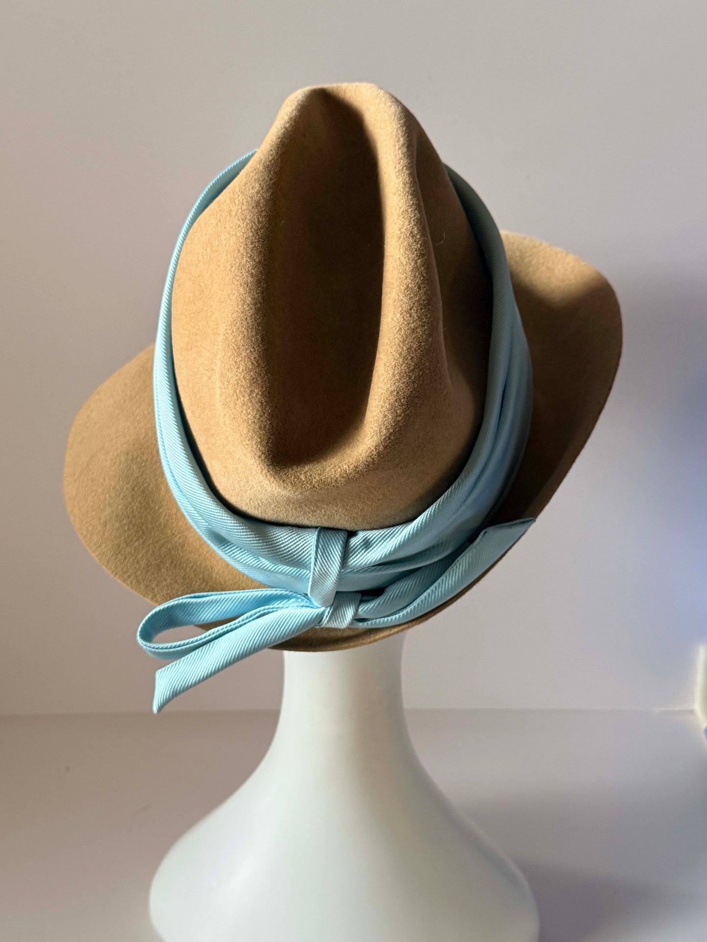 Vintage Mr. Kurt Original Camel Wool Felt Fedora Hat with Powder Blue Satin Band | Wide Brim Designer Hat