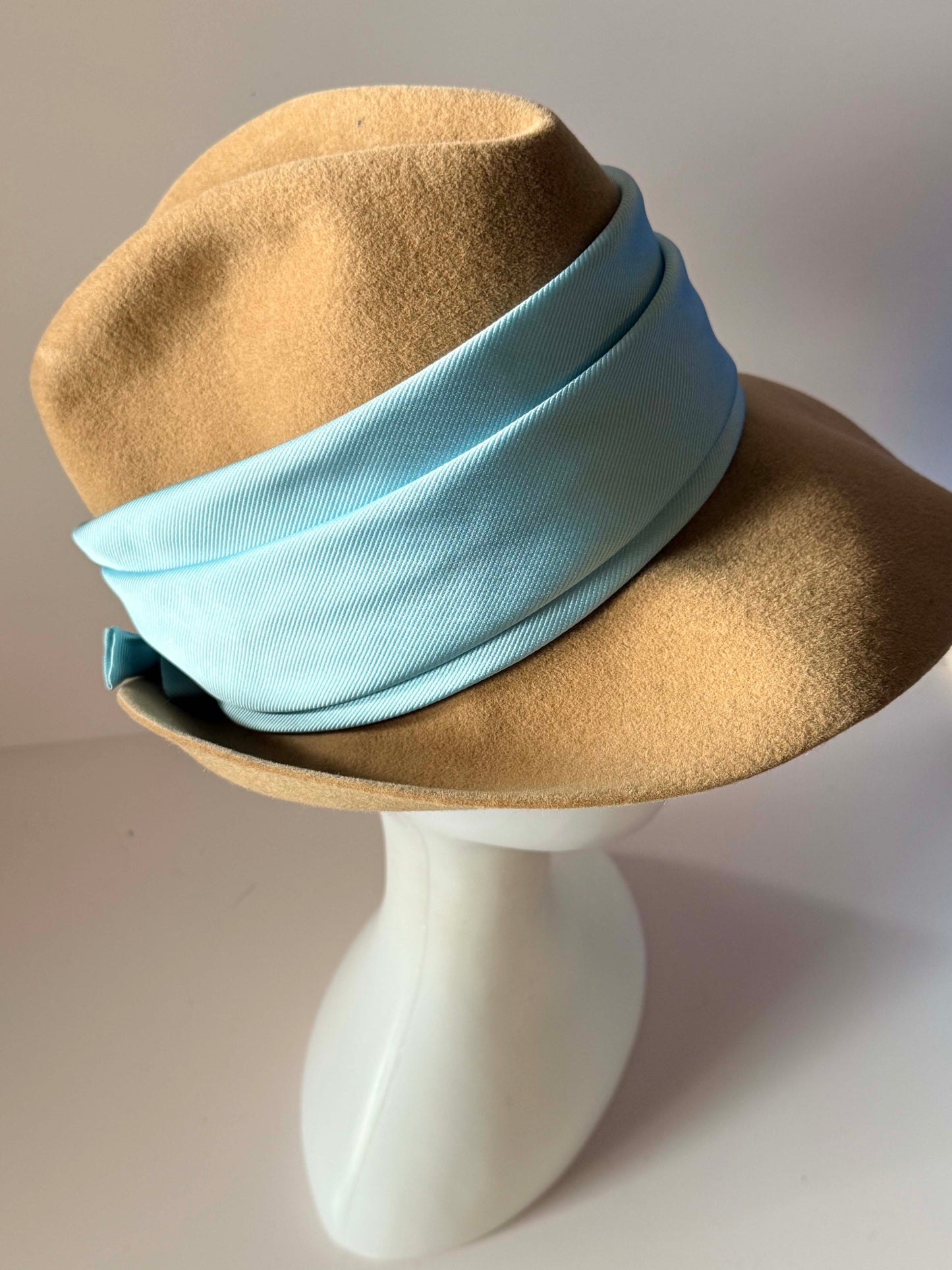 Vintage Mr. Kurt Original Camel Wool Felt Fedora Hat with Powder Blue Satin Band | Wide Brim Designer Hat