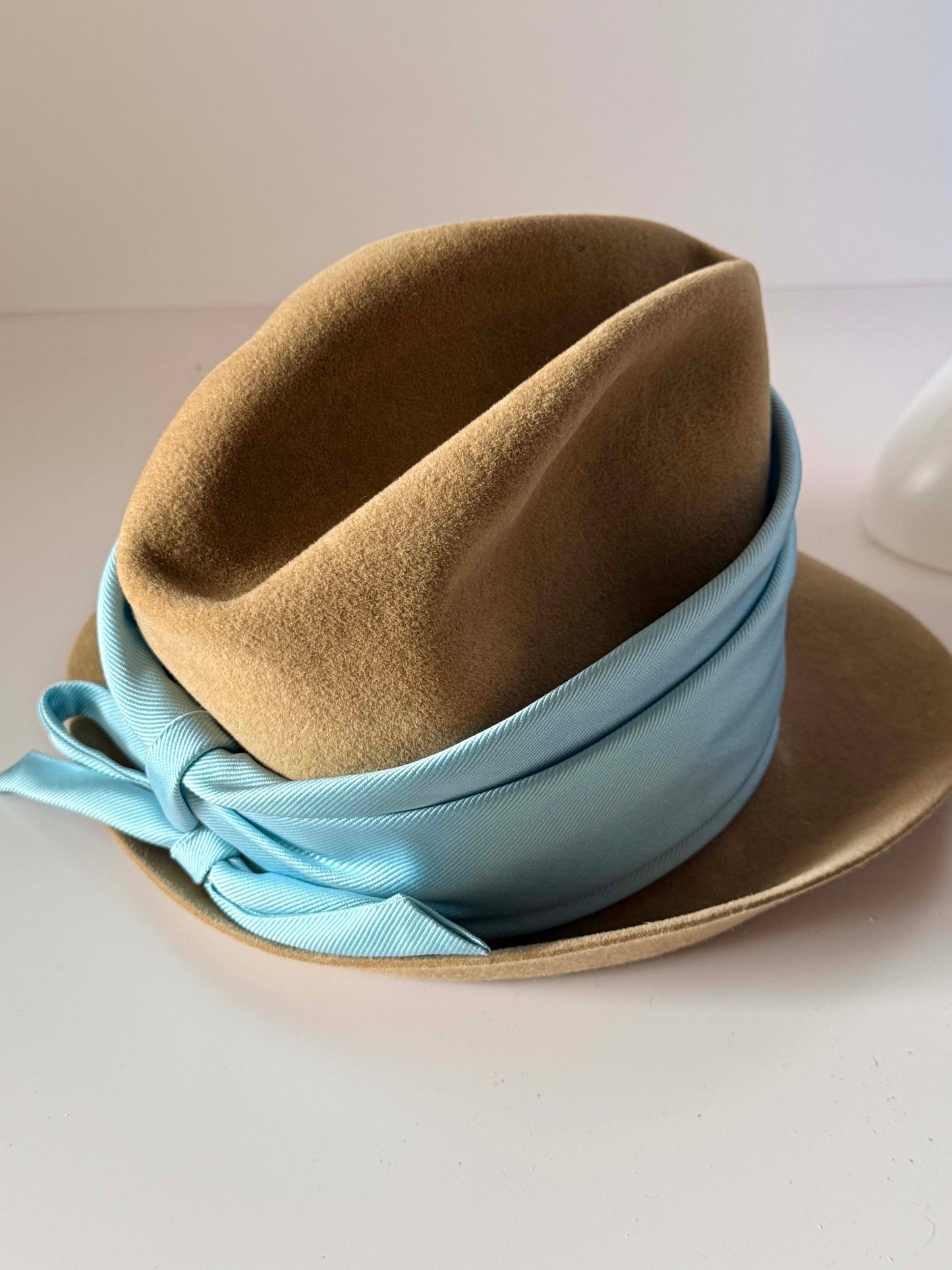 Vintage Mr. Kurt Original Camel Wool Felt Fedora Hat with Powder Blue Satin Band | Wide Brim Designer Hat