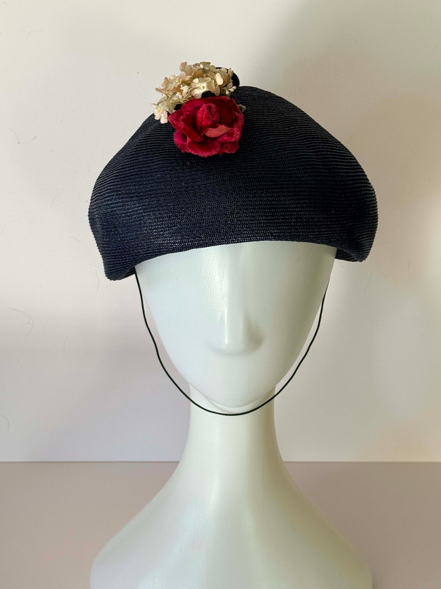 Vintage 1950s Dobbs Fifth Avenue Dark Navy Straw Beret Hat with Velvet Rose and Floral Trim – Mid Century Cocktail Hat
