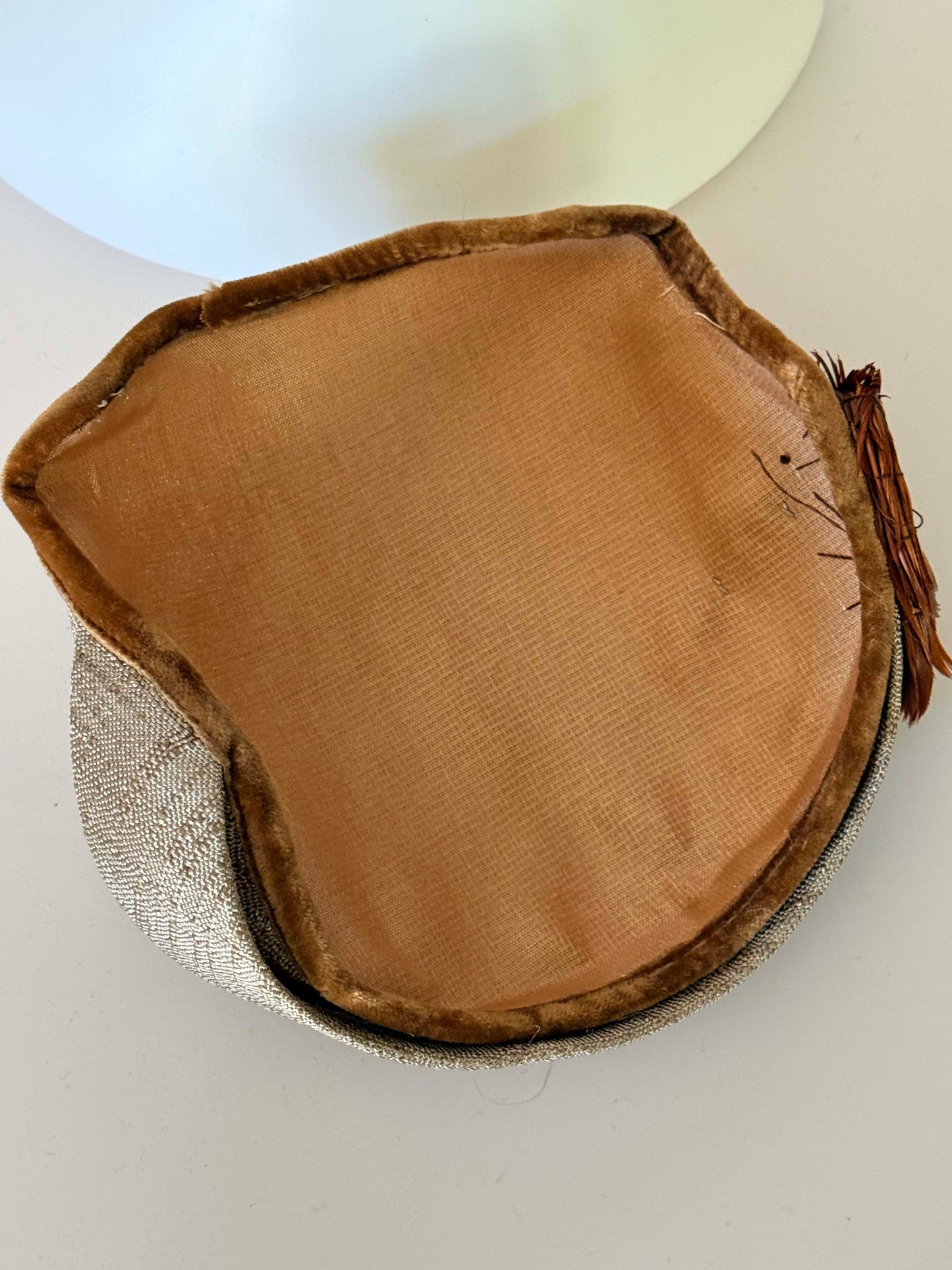 Vintage 1950s Taupe Straw Cocktail Hat with Feather Trim – Mid Century Sculptural Tilt Hat