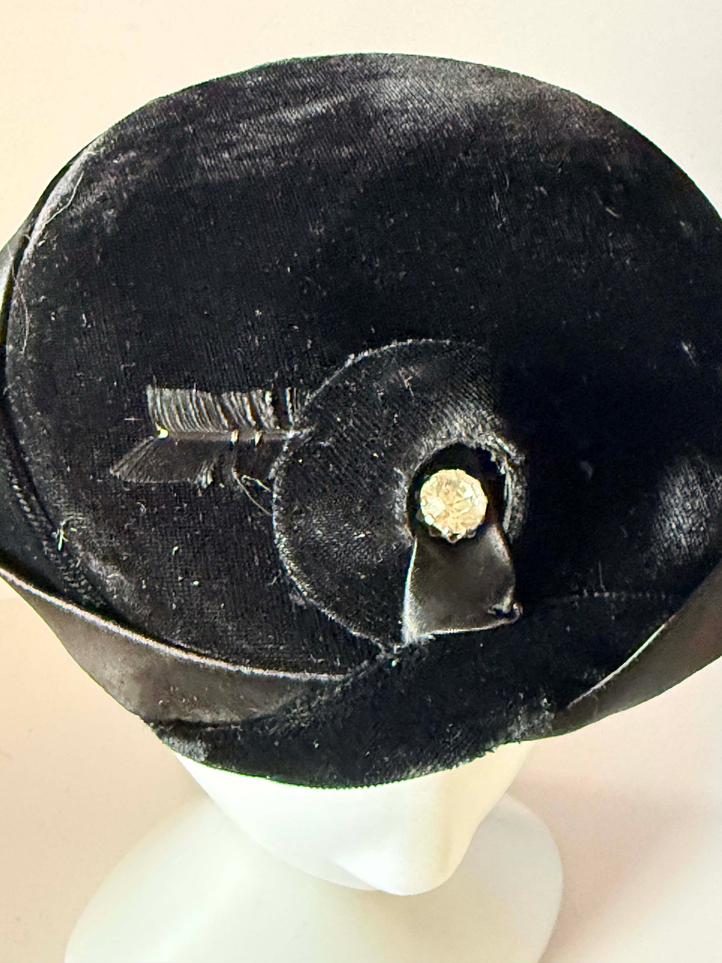Vintage 1960s Black Velvet Pillbox Hat, Satin Trim Hat, Rhinestone Cocktail Hat, Elegant Formal Hat, Women's Vintage Dress Hat