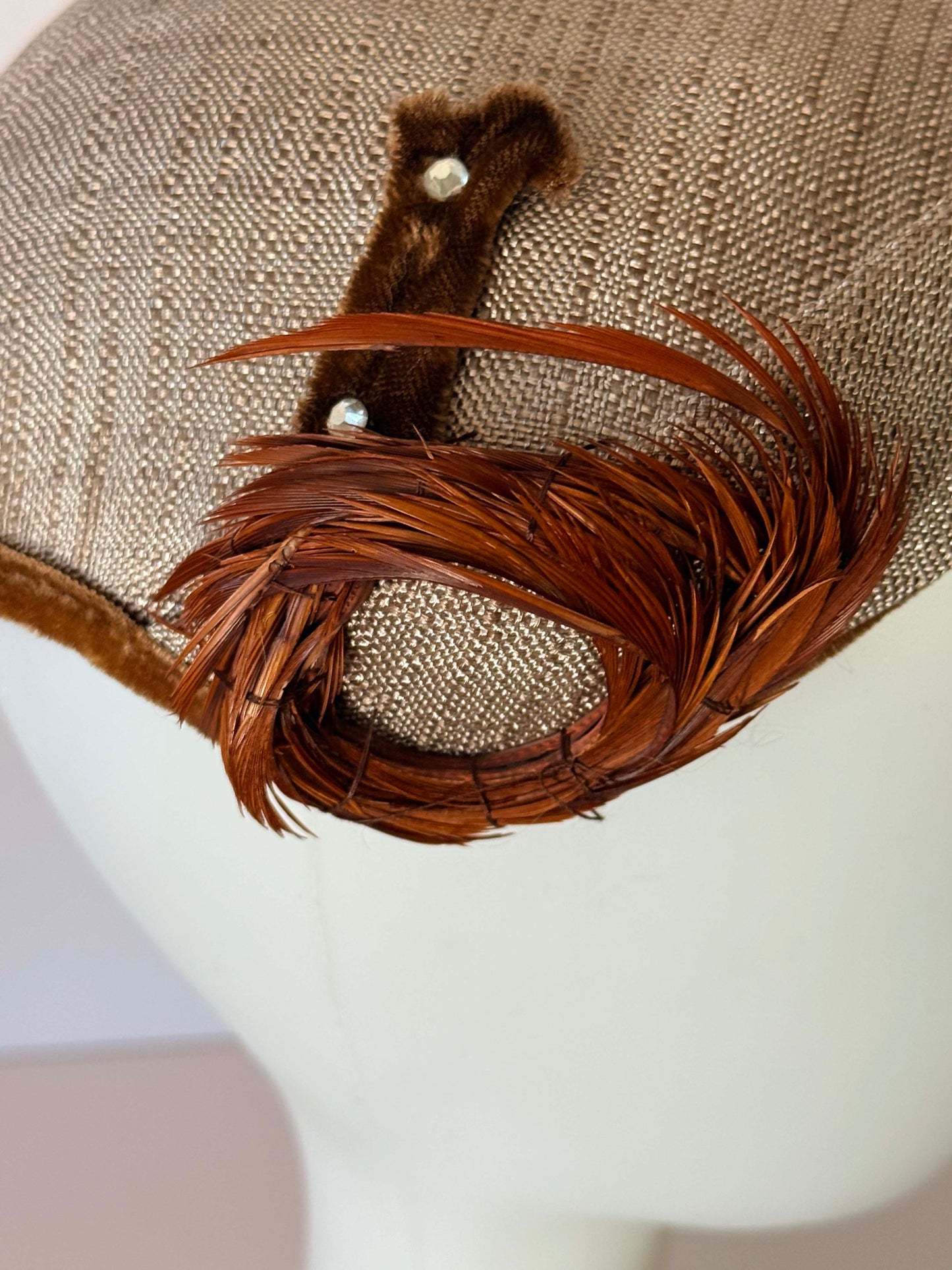 Vintage 1950s Taupe Straw Cocktail Hat with Feather Trim – Mid Century Sculptural Tilt Hat