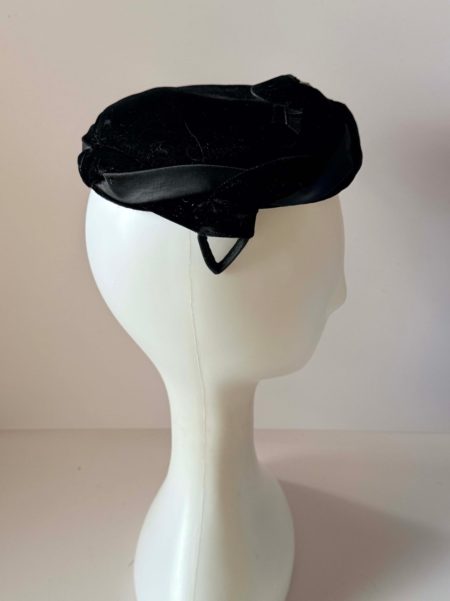 Vintage 1960s Black Velvet Pillbox Hat, Satin Trim Hat, Rhinestone Cocktail Hat, Elegant Formal Hat, Women's Vintage Dress Hat