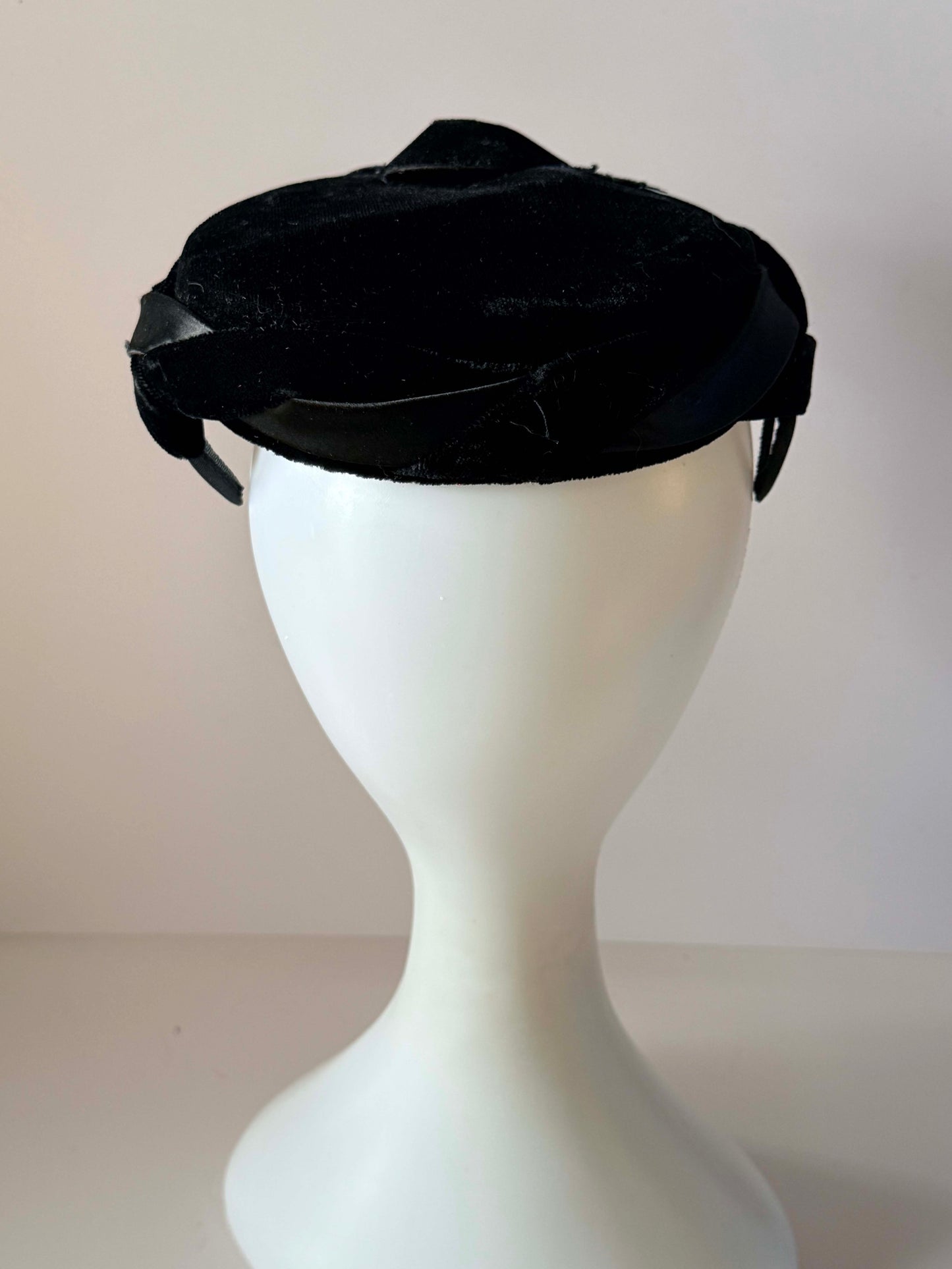 Vintage 1960s Black Velvet Pillbox Hat, Satin Trim Hat, Rhinestone Cocktail Hat, Elegant Formal Hat, Women's Vintage Dress Hat