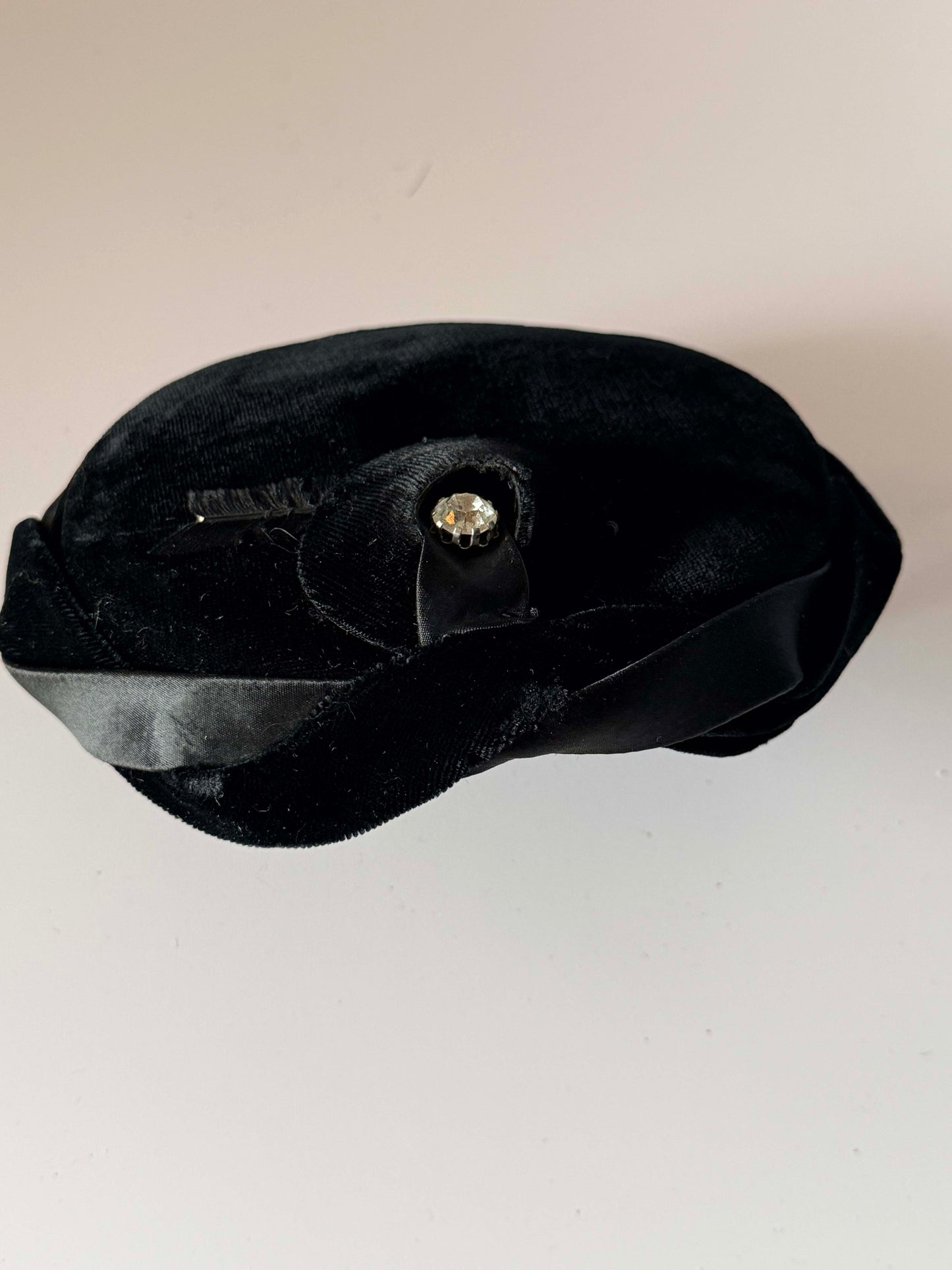 Vintage 1960s Black Velvet Pillbox Hat, Satin Trim Hat, Rhinestone Cocktail Hat, Elegant Formal Hat, Women's Vintage Dress Hat