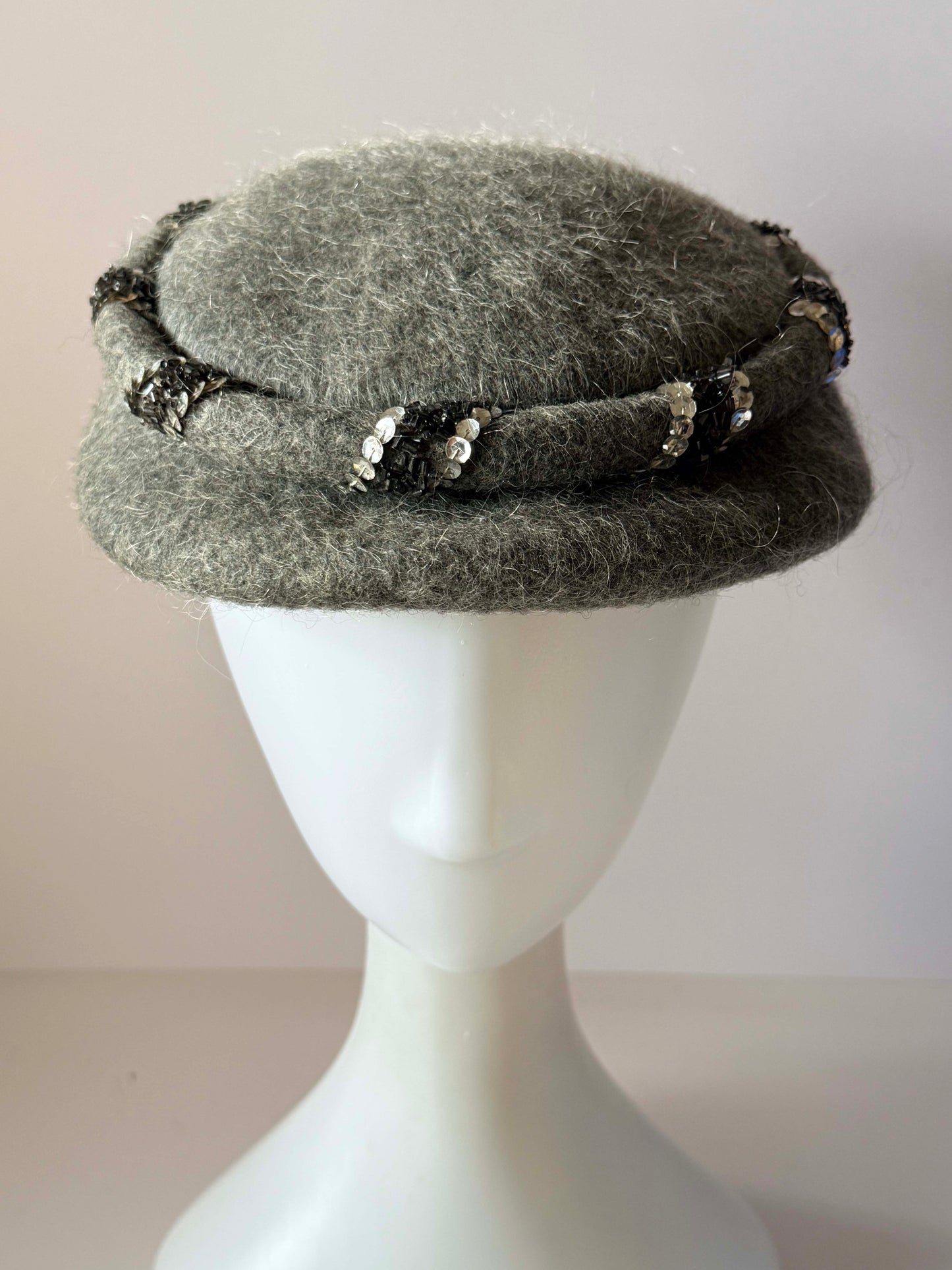 Vintage Gray Angora Blend Breton Hat, Fuzzy Wool Hat, Sequin Trim Hat, Mid Century Winter Hat, Soft Gray Hat, Classic Vintage Millinery