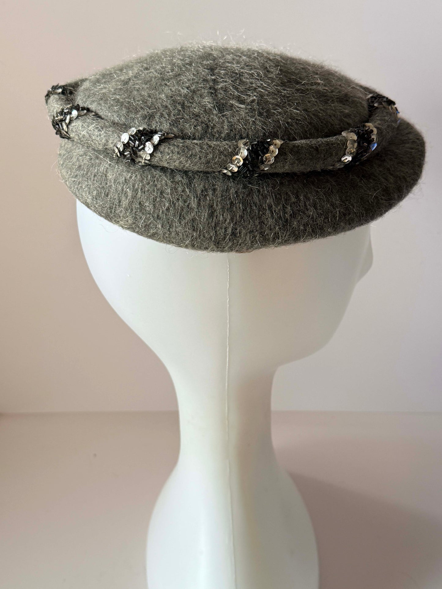 Vintage Gray Angora Blend Breton Hat, Fuzzy Wool Hat, Sequin Trim Hat, Mid Century Winter Hat, Soft Gray Hat, Classic Vintage Millinery