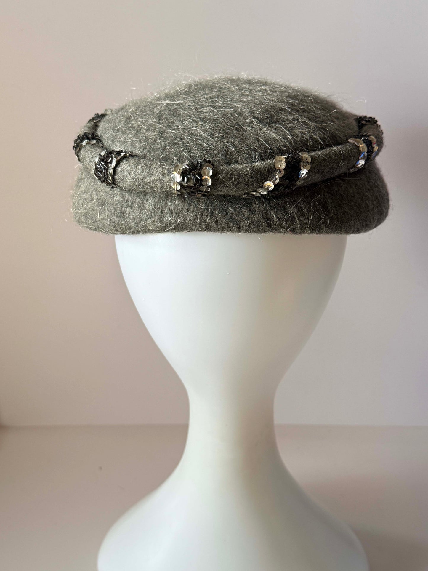 Vintage Gray Angora Blend Breton Hat, Fuzzy Wool Hat, Sequin Trim Hat, Mid Century Winter Hat, Soft Gray Hat, Classic Vintage Millinery
