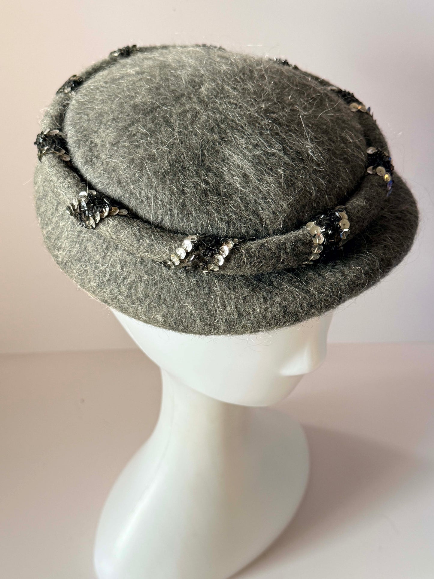 Vintage Gray Angora Blend Breton Hat, Fuzzy Wool Hat, Sequin Trim Hat, Mid Century Winter Hat, Soft Gray Hat, Classic Vintage Millinery