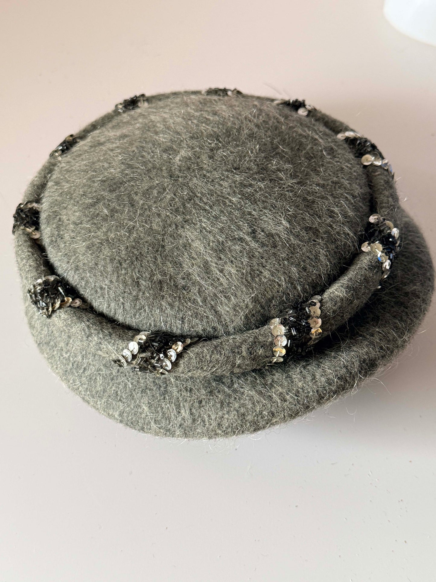 Vintage Gray Angora Blend Breton Hat, Fuzzy Wool Hat, Sequin Trim Hat, Mid Century Winter Hat, Soft Gray Hat, Classic Vintage Millinery
