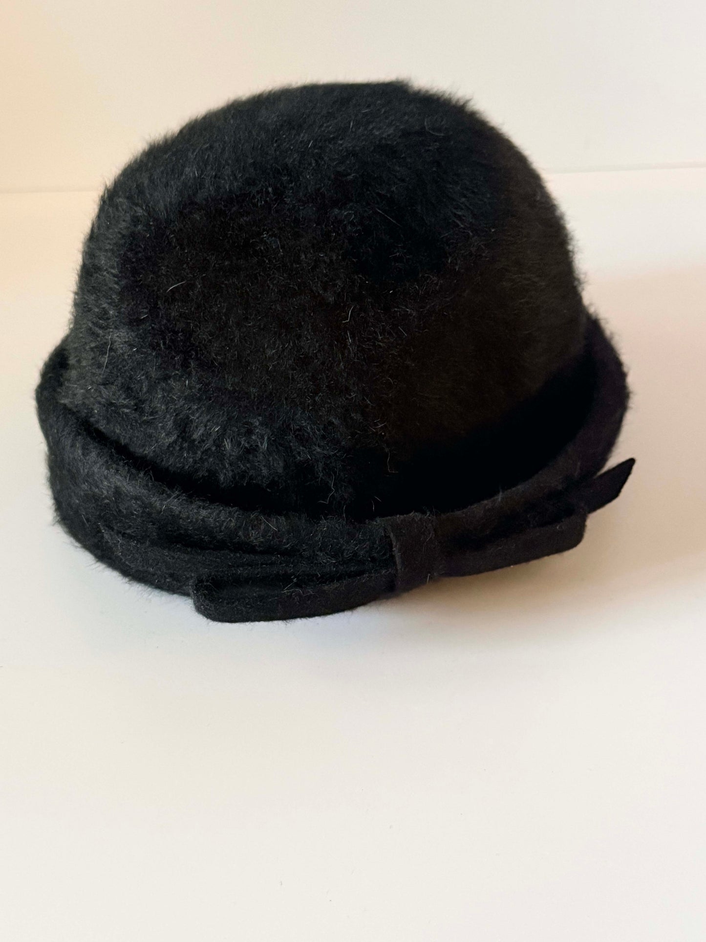 Vintage 1950s Evelyn Varon Black Angora Bucket Hat, Fuzzy Wool Felt Hat, Roll Brim Hat, Mid Century Designer Hat, Women's Vintage Hat