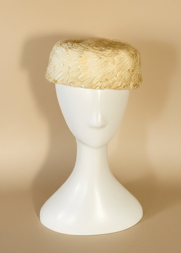 Vintage 1950s Ivory Pillbox Bridal Hat – Sequined Wedding Pillbox with Veil Detail