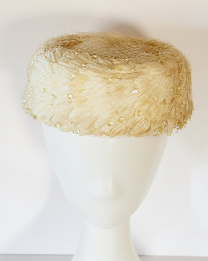 Vintage 1950s Ivory Pillbox Bridal Hat – Sequined Wedding Pillbox with Veil Detail