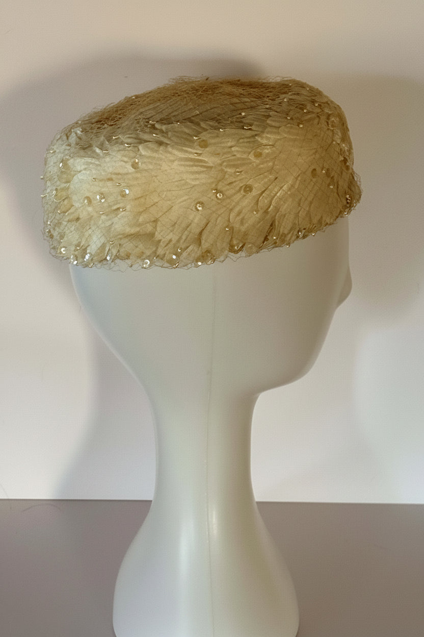 Vintage 1950s Ivory Pillbox Bridal Hat – Sequined Wedding Pillbox with Veil Detail