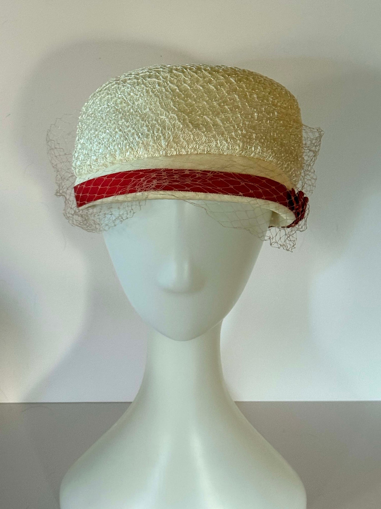 Vintage 1960s Mark III Ivory Textured Pillbox Hat – Red Satin Band with Birdcage Veil