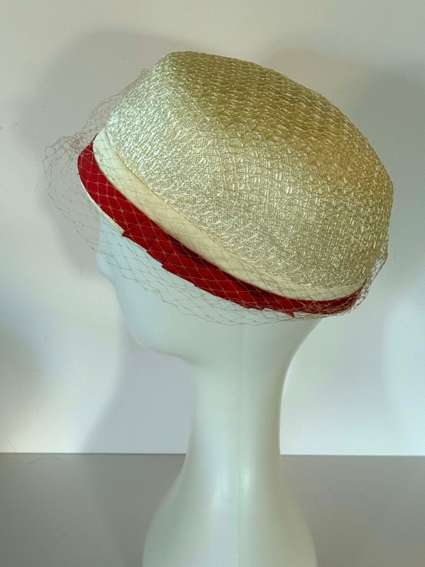 Vintage 1960s Mark III Ivory Textured Pillbox Hat – Red Satin Band with Birdcage Veil