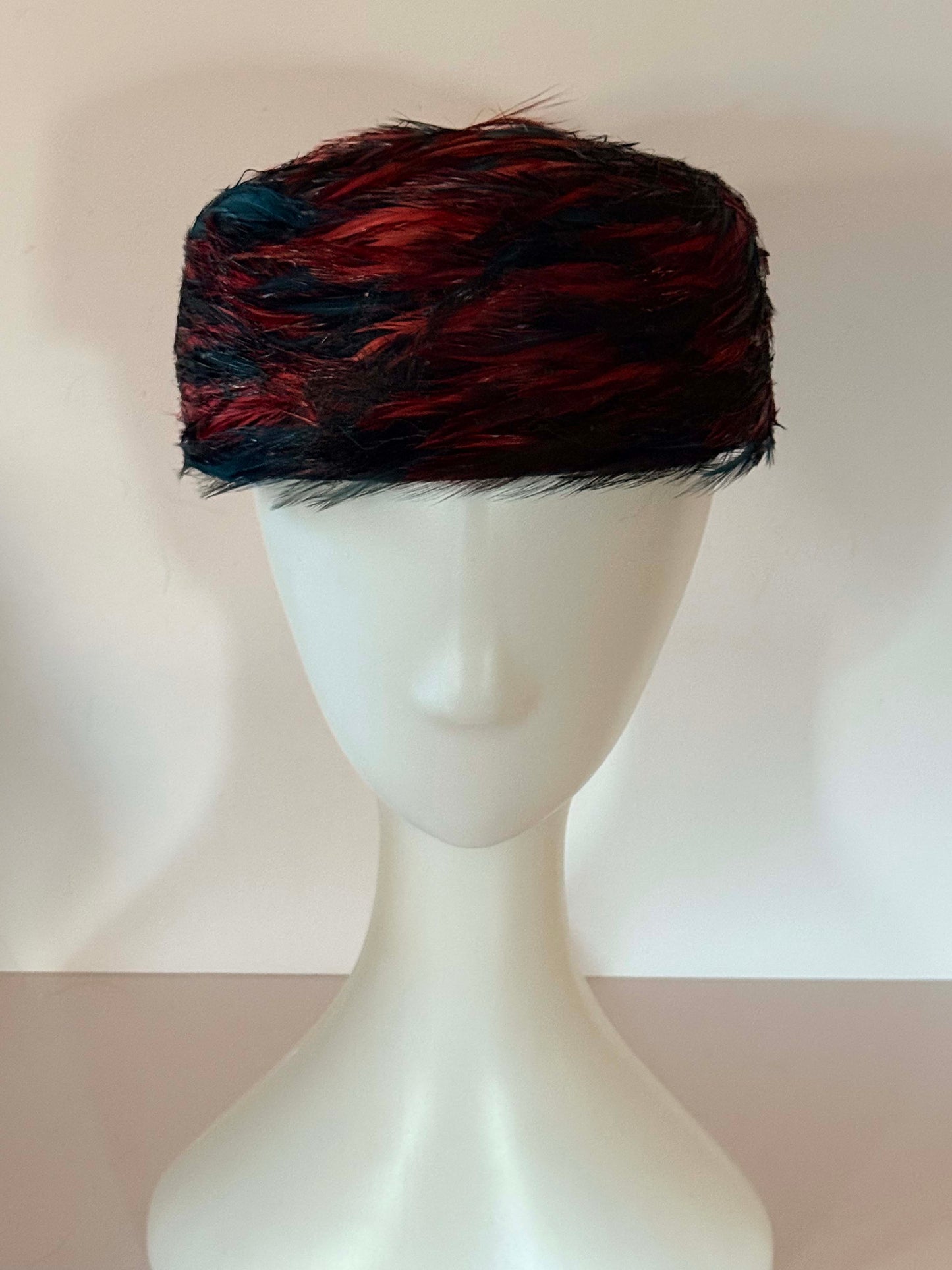Vintage 1960s Red & Black Feather Pillbox Hat – Textured Feather Swirl Cocktail Hat