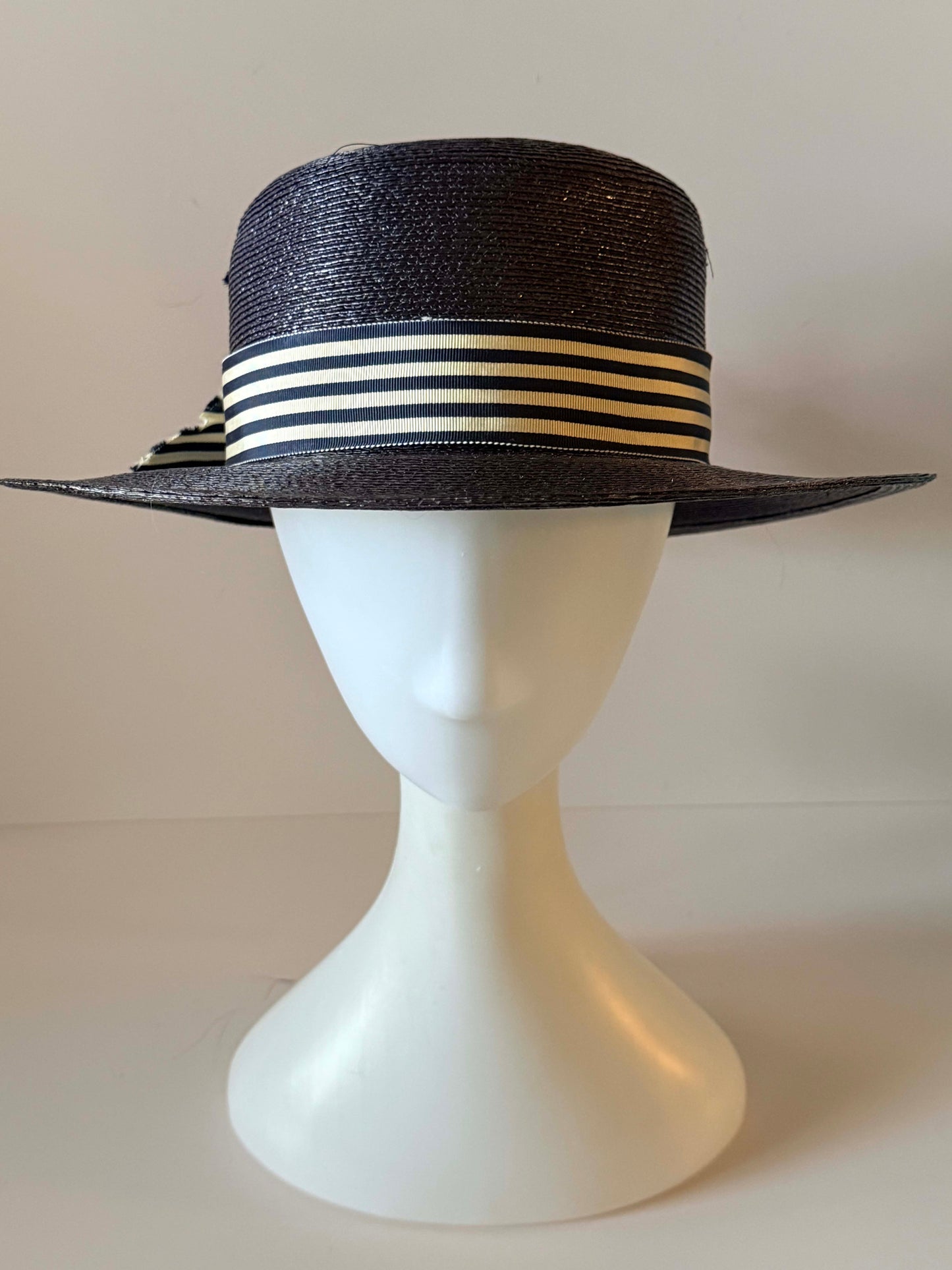 Vintage Mr. John Jr. Navy Straw Boater Hat, Deadstock Wide Brim Summer Hat, Designer Floral Ribbon Hat, New York Paris