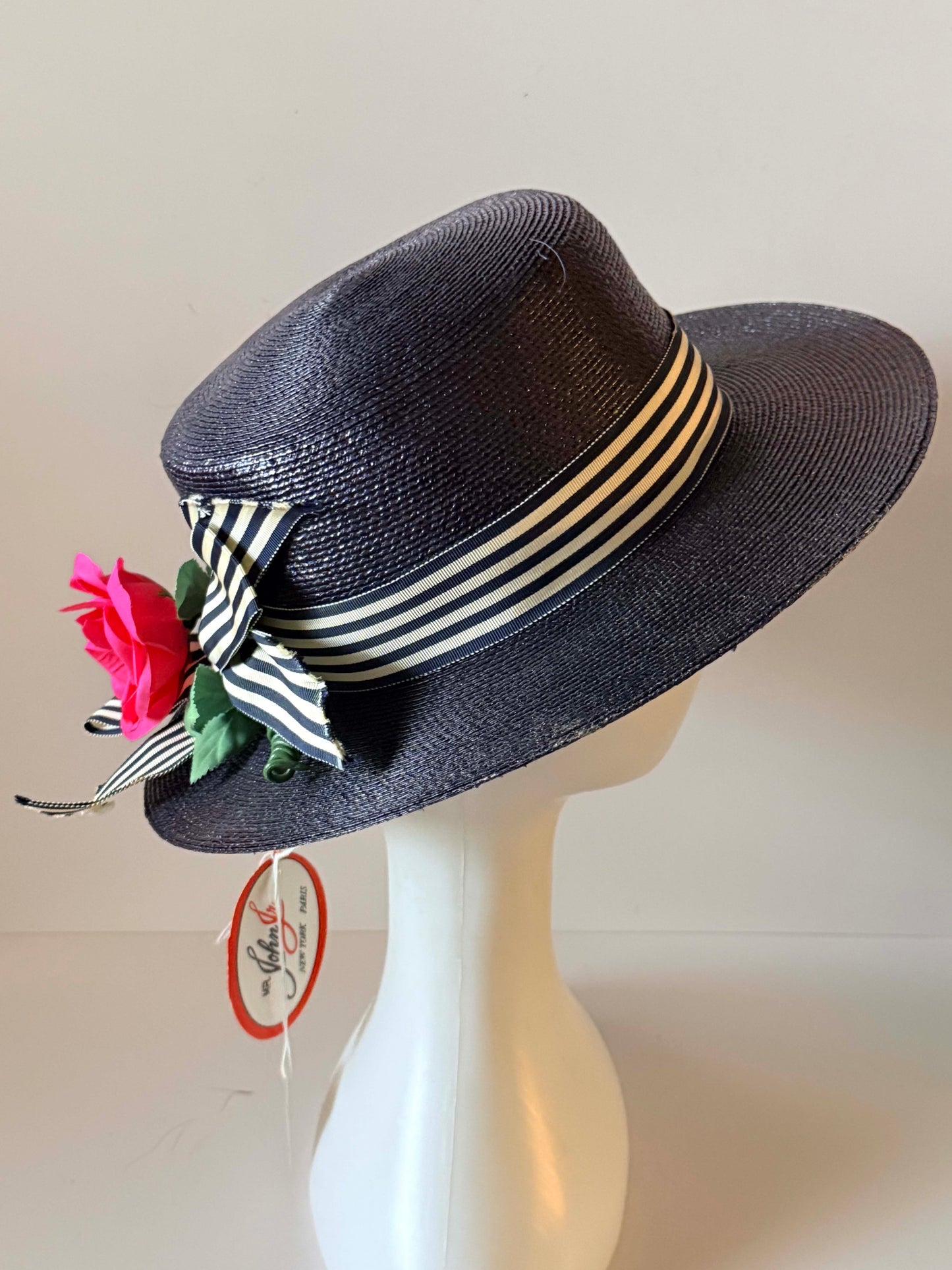 Vintage Mr. John Jr. Navy Straw Boater Hat, Deadstock Wide Brim Summer Hat, Designer Floral Ribbon Hat, New York Paris