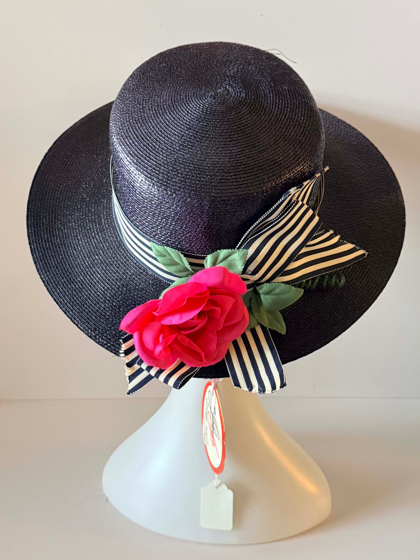 Vintage Mr. John Jr. Navy Straw Boater Hat, Deadstock Wide Brim Summer Hat, Designer Floral Ribbon Hat, New York Paris
