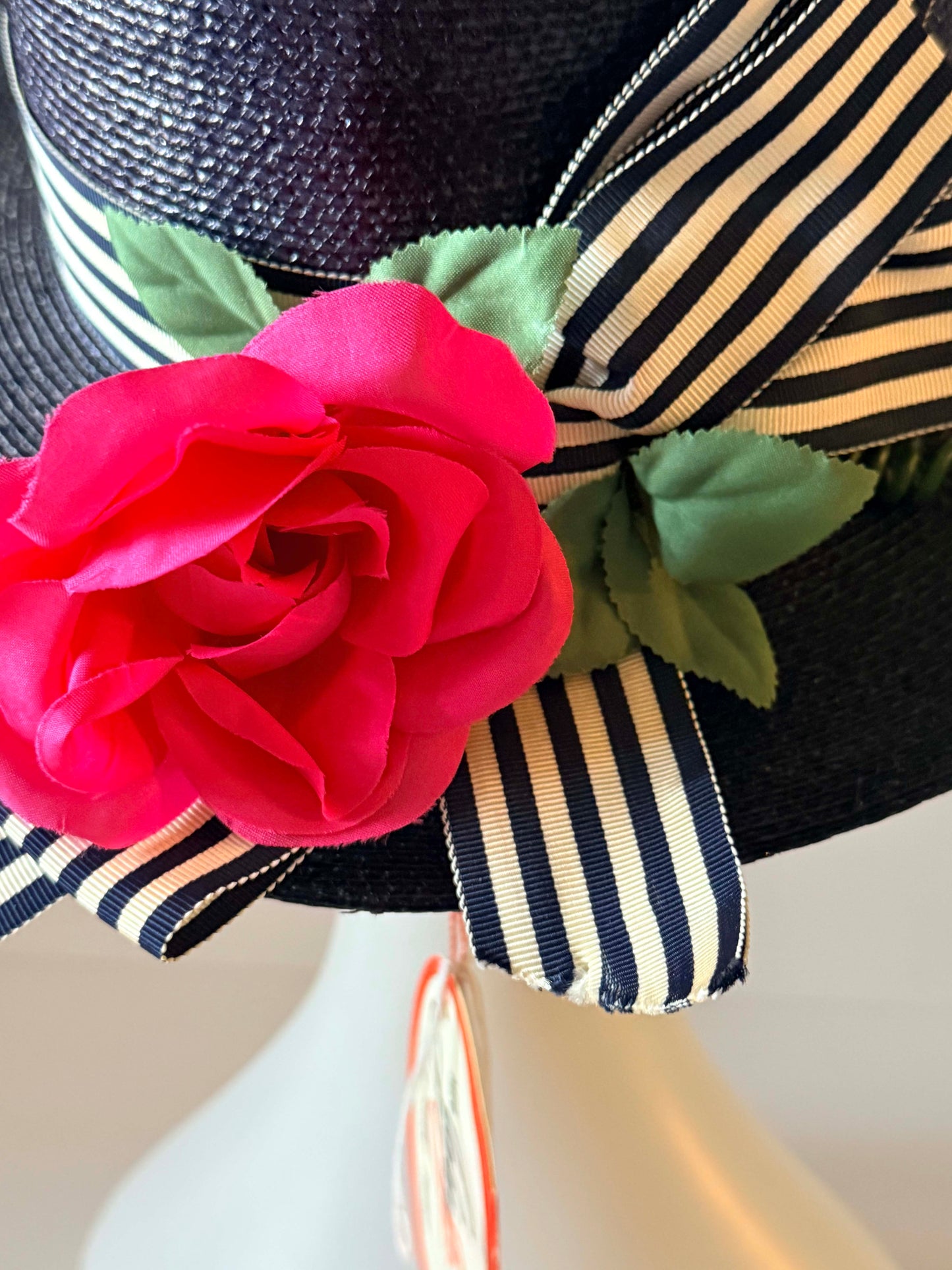 Vintage Mr. John Jr. Navy Straw Boater Hat, Deadstock Wide Brim Summer Hat, Designer Floral Ribbon Hat, New York Paris