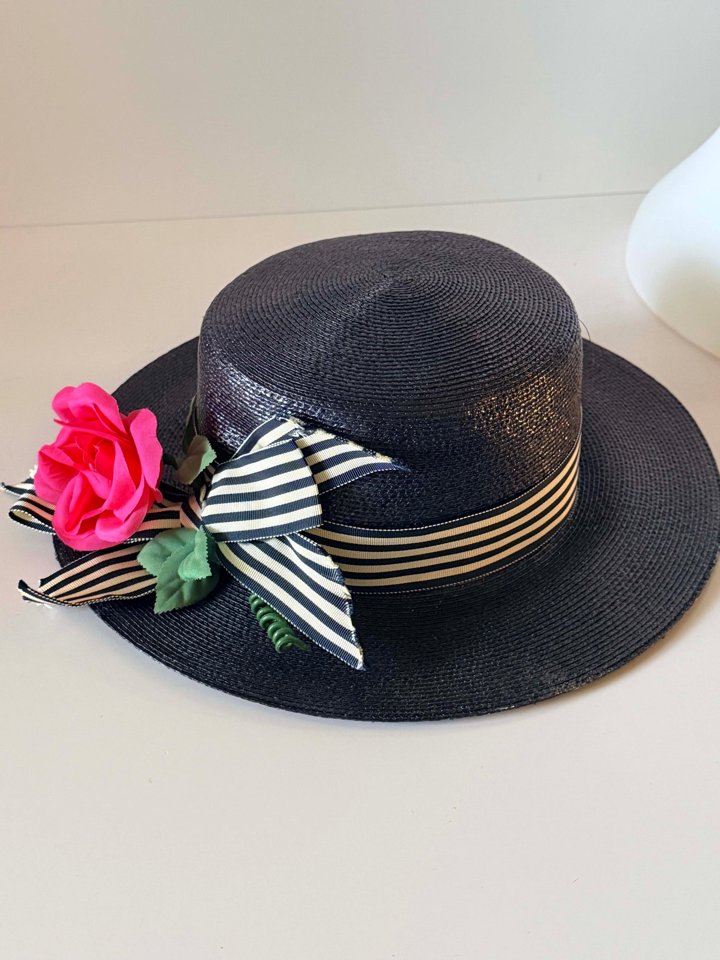 Vintage Mr. John Jr. Navy Straw Boater Hat, Deadstock Wide Brim Summer Hat, Designer Floral Ribbon Hat, New York Paris