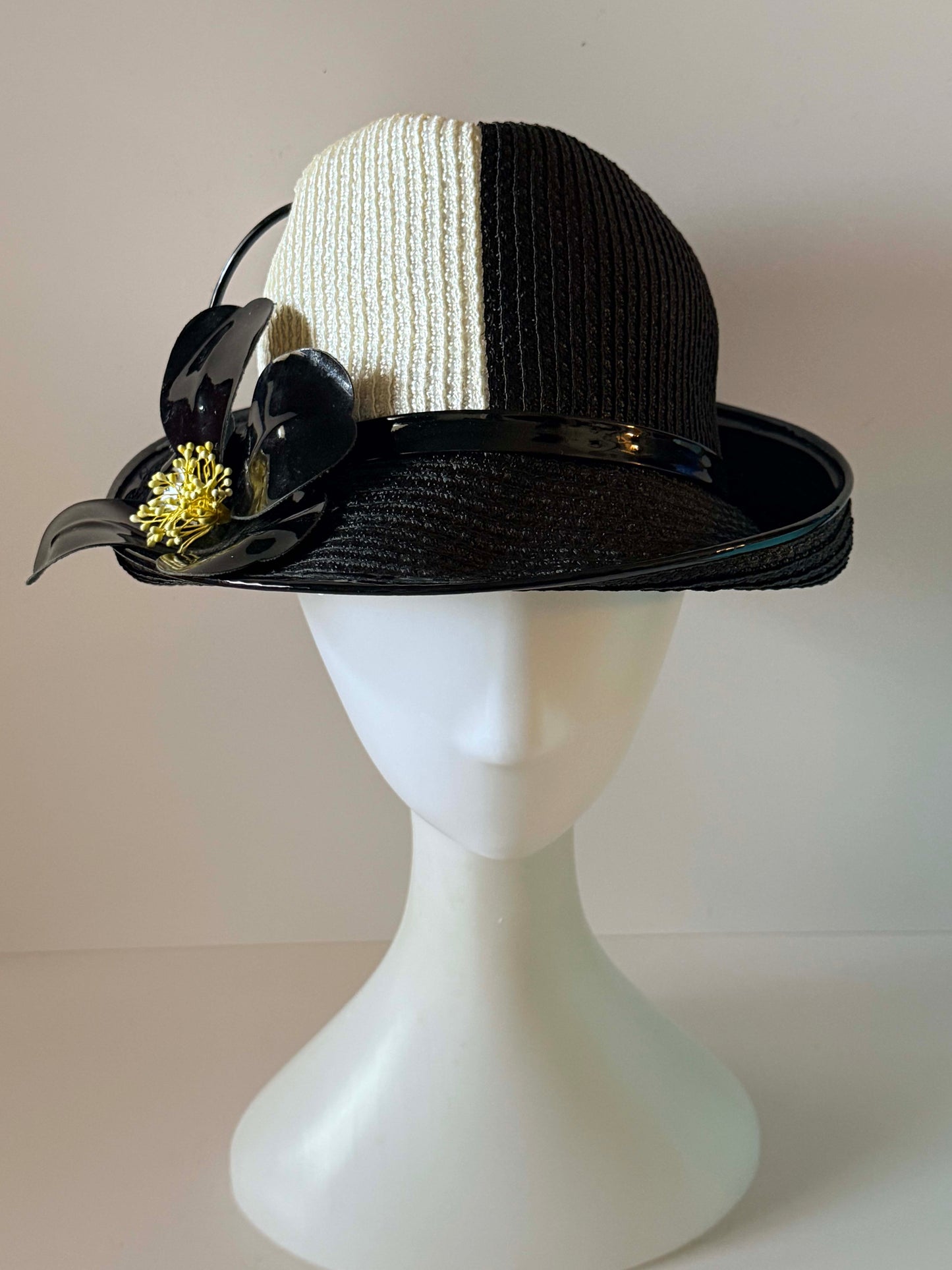 Vintage Mr. John Jr. Black White Straw Hat, Designer Cloche Hat, Floral Summer Hat, Wide Brim Dress Hat, Women's Vintage Millinery