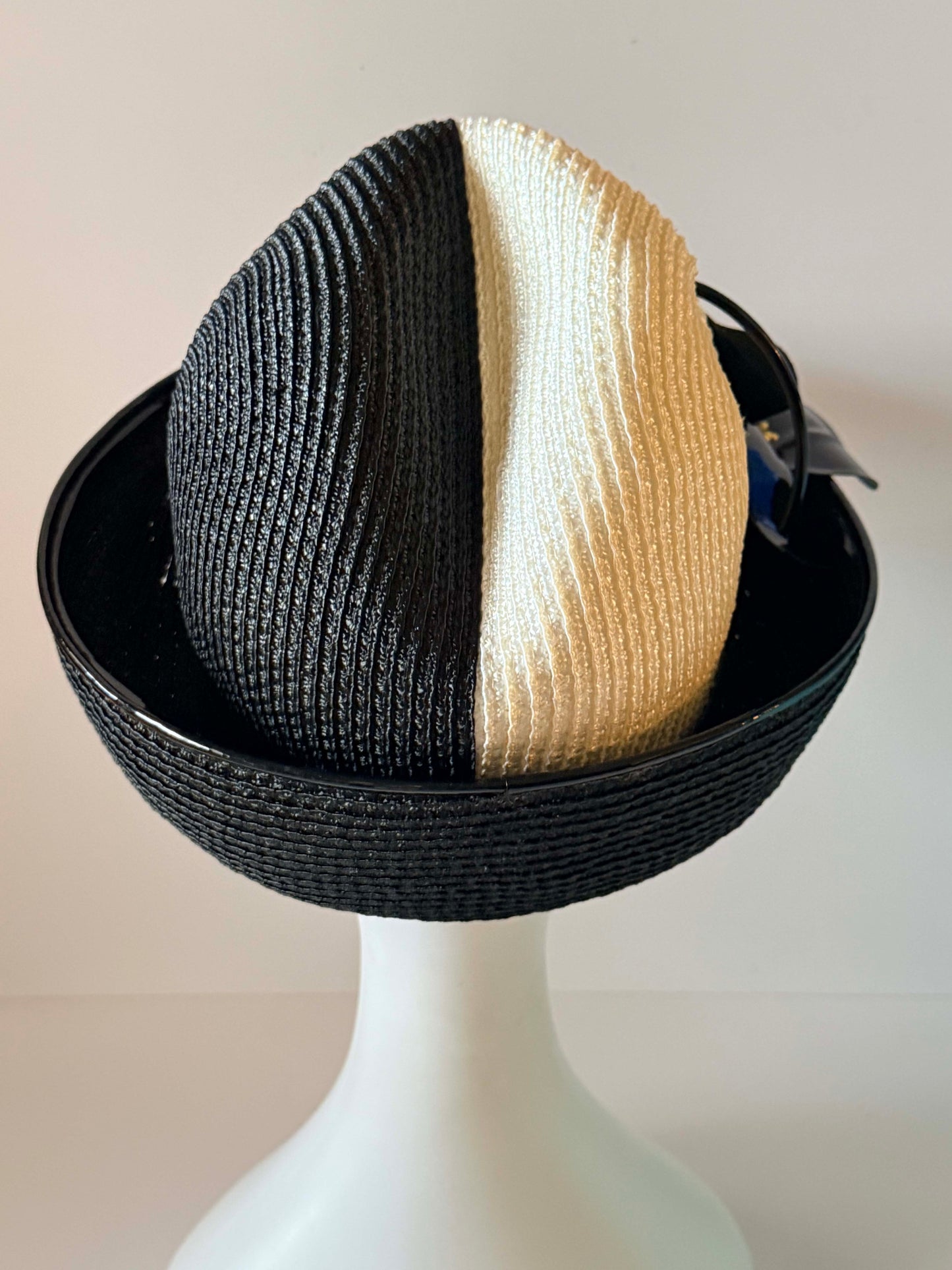 Vintage Mr. John Jr. Black White Straw Hat, Designer Cloche Hat, Floral Summer Hat, Wide Brim Dress Hat, Women's Vintage Millinery