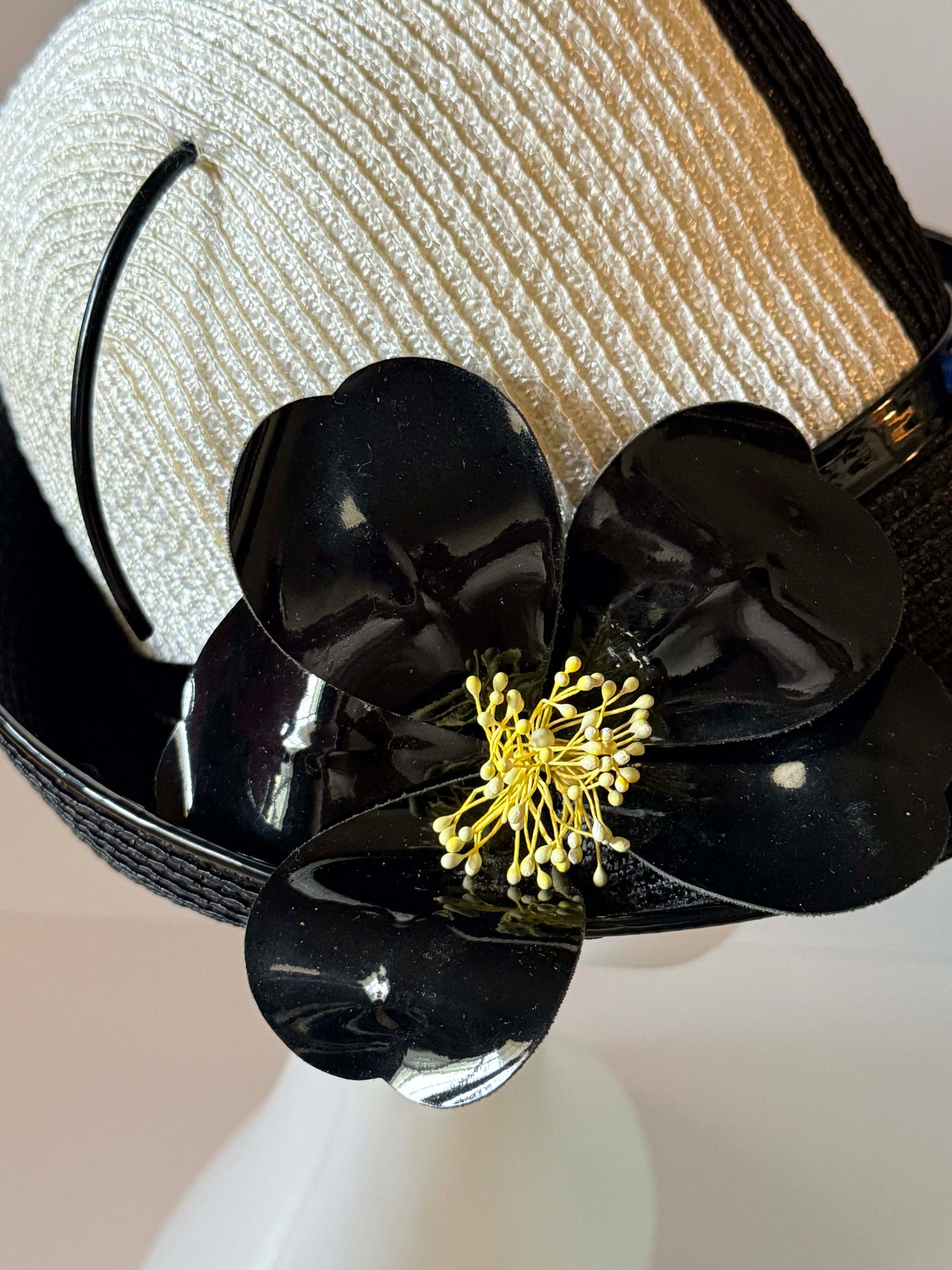 Vintage Mr. John Jr. Black White Straw Hat, Designer Cloche Hat, Floral Summer Hat, Wide Brim Dress Hat, Women's Vintage Millinery